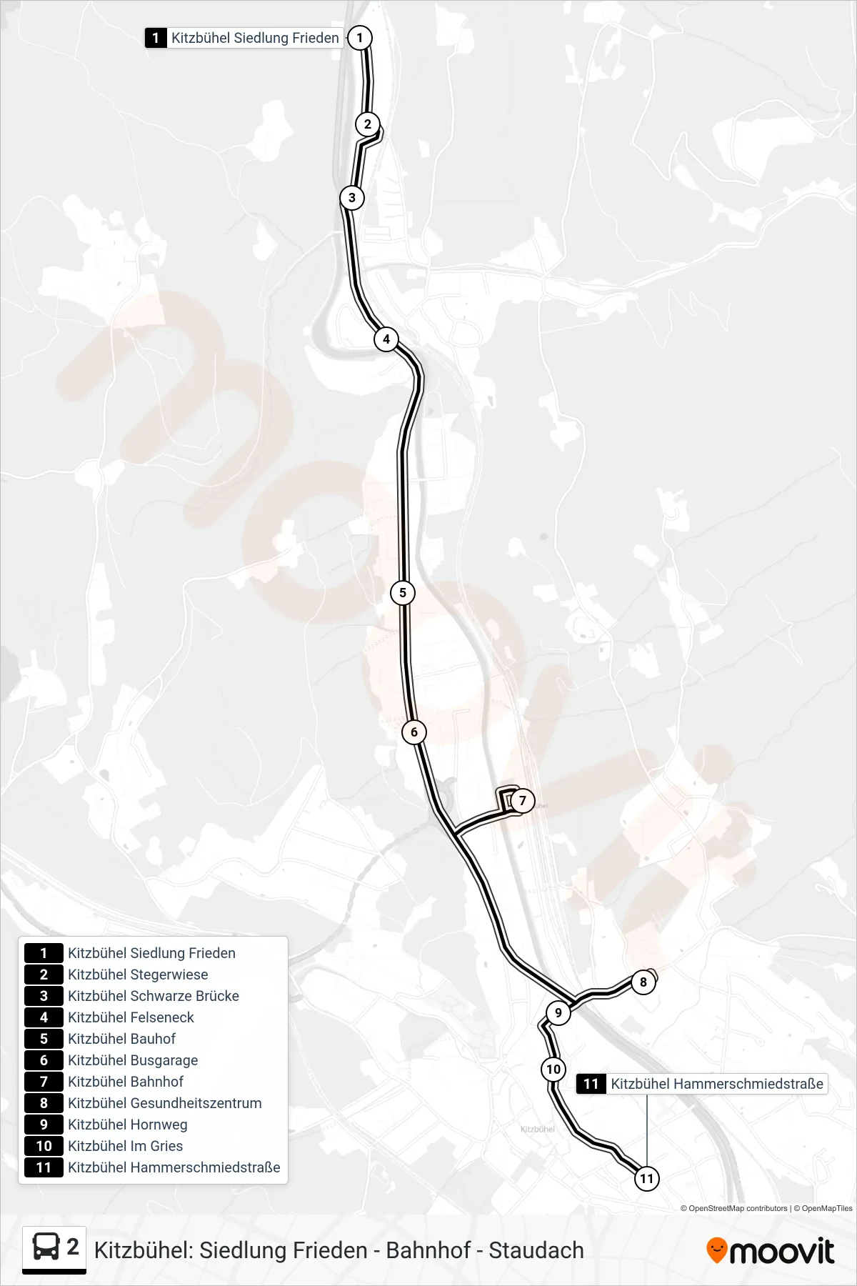 2 tram Line (Kitzbühel Hammerschmiedstraße) route and stops on a map
