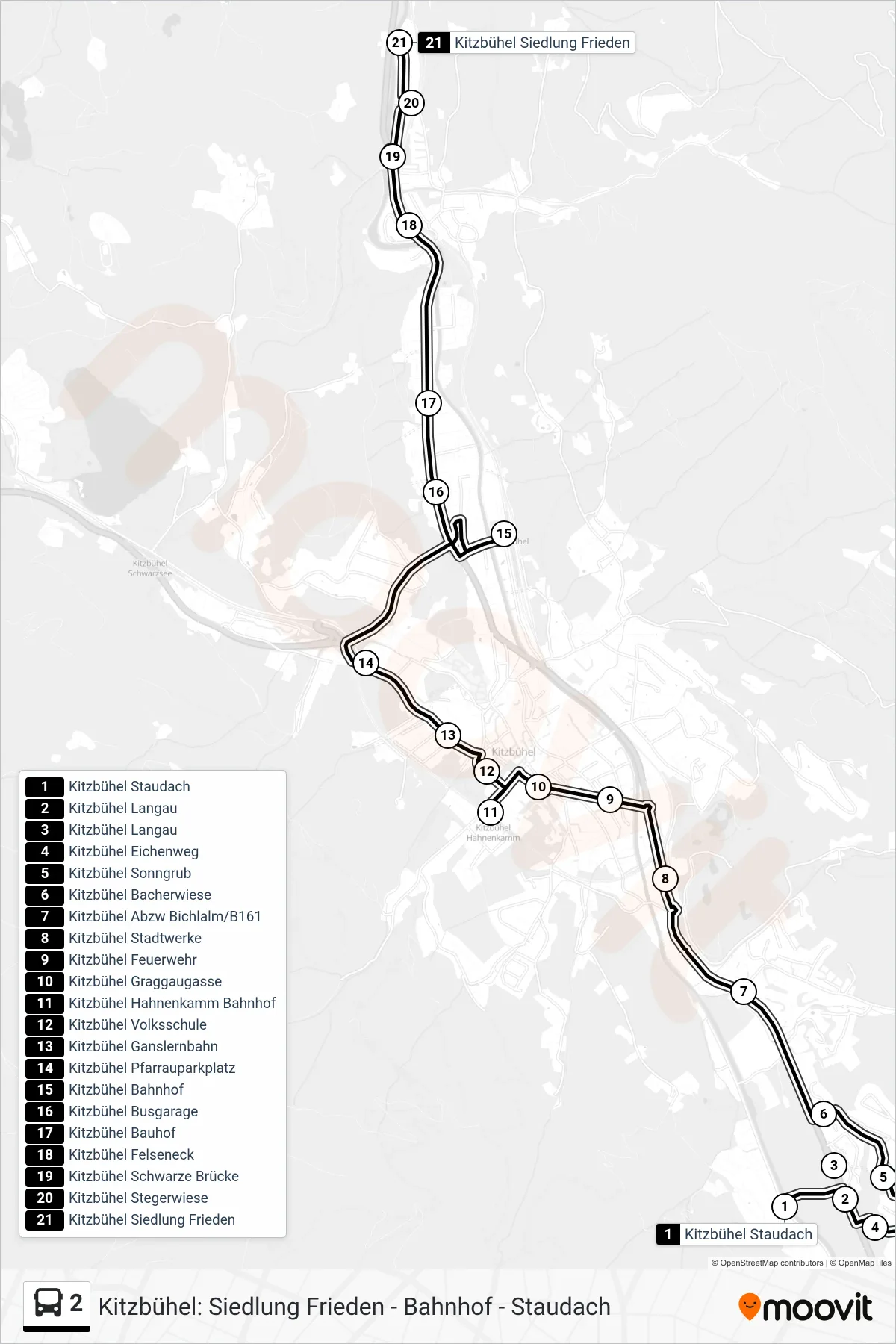 Linie 2 (Tram) Richtung Kitzbühel Siedlung Frieden: Route und Haltestellen auf der Karte