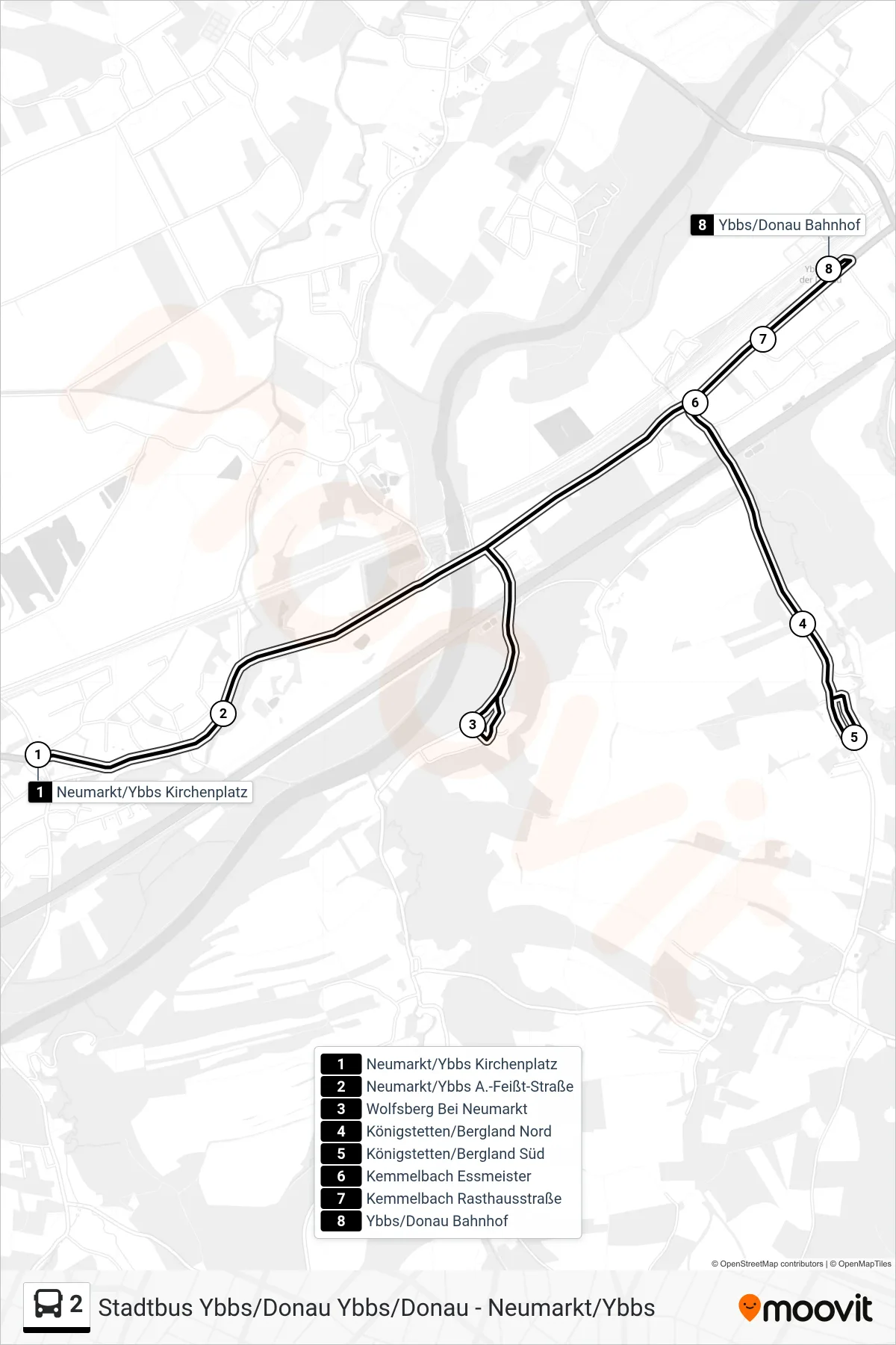 Linie 2 (Bus) Richtung Ybbs/Donau Bahnhof: Route und Haltestellen auf der Karte