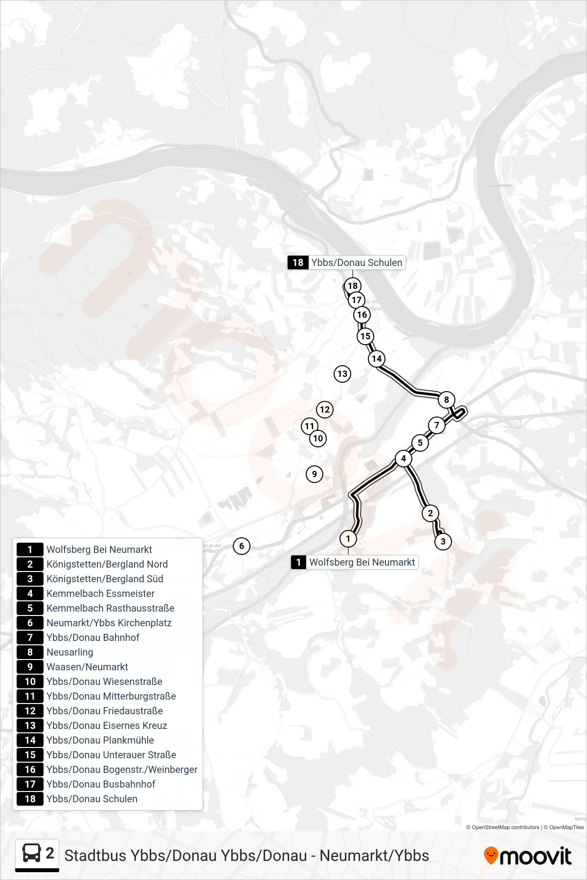 Linie 2 (Bus) Richtung Ybbs/Donau Schulen: Route und Haltestellen auf der Karte