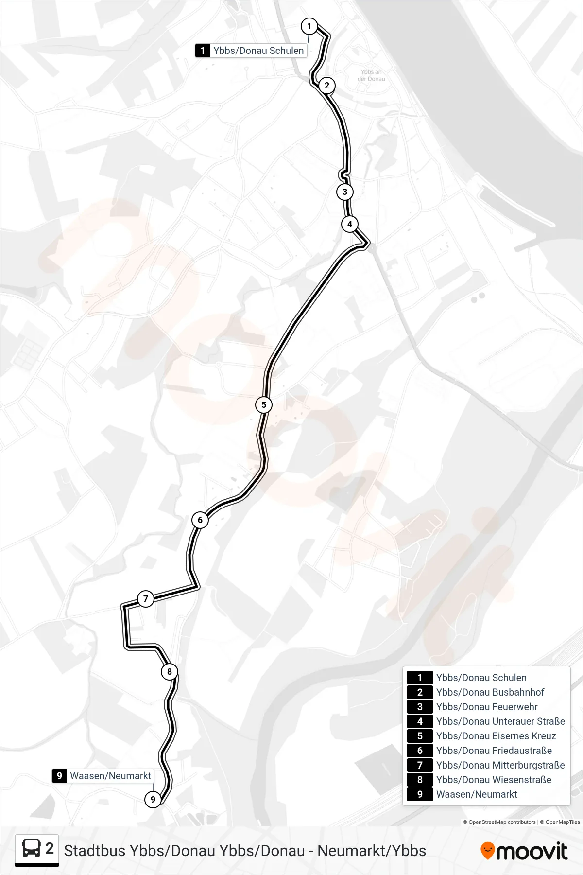 2 bus Line (Waasen/Neumarkt) route and stops on a map
