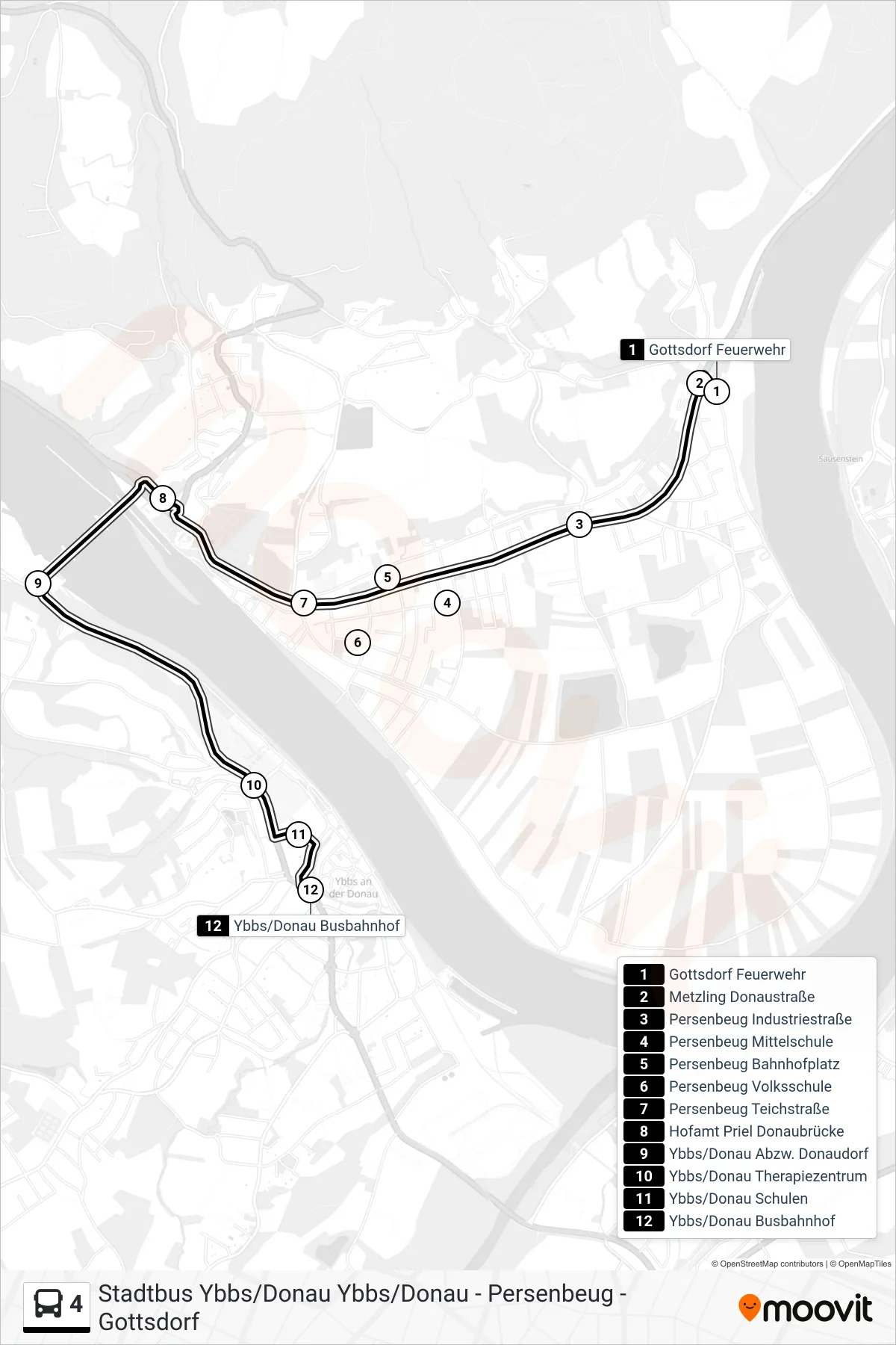 4 bus Line (Ybbs/Donau Busbahnhof) route and stops on a map