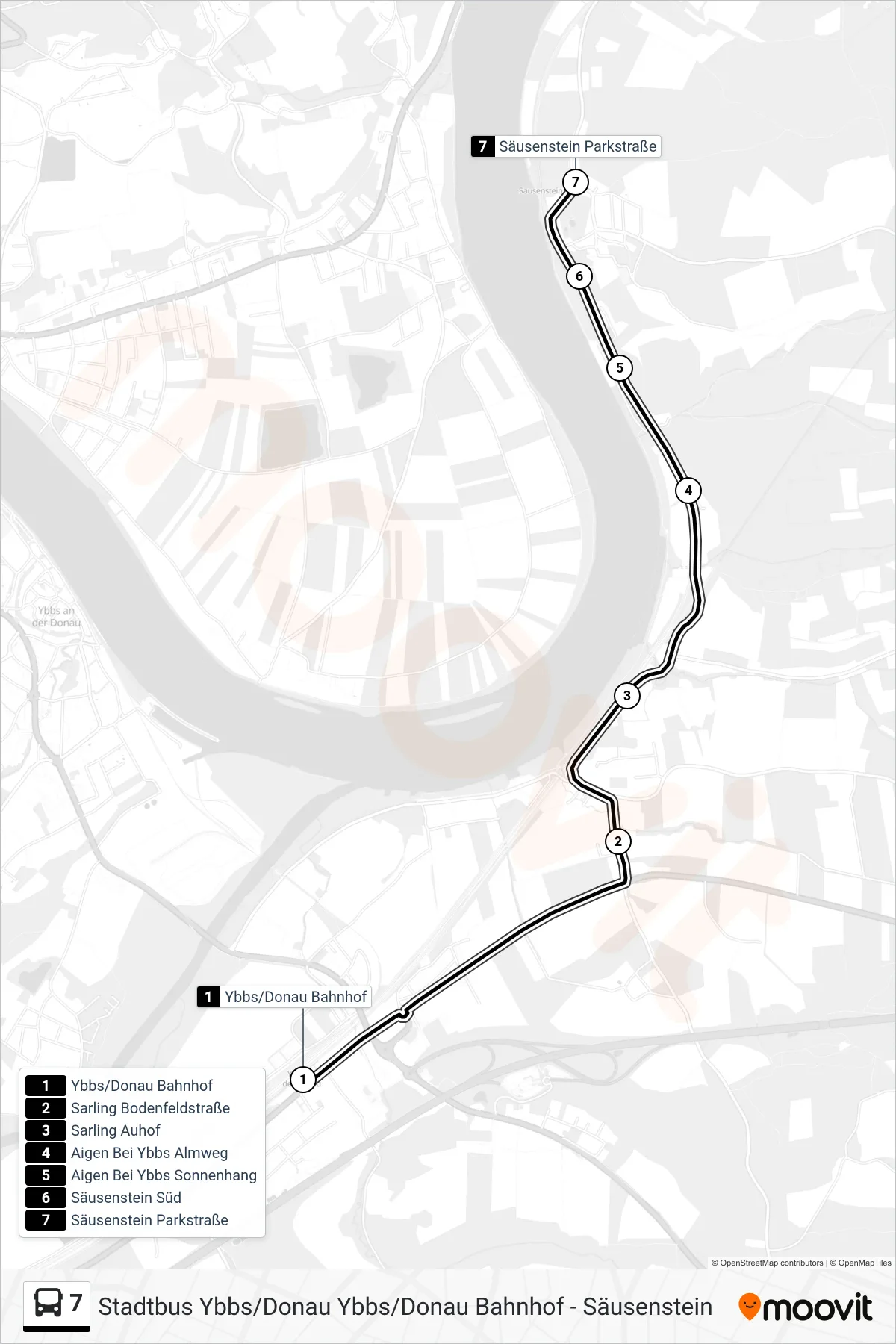 Linie 7 (Bus) Richtung Säusenstein Parkstraße: Route und Haltestellen auf der Karte