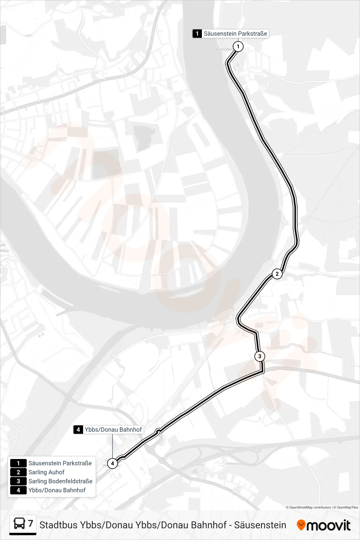 7 bus Line (Ybbs/Donau Bahnhof) route and stops on a map