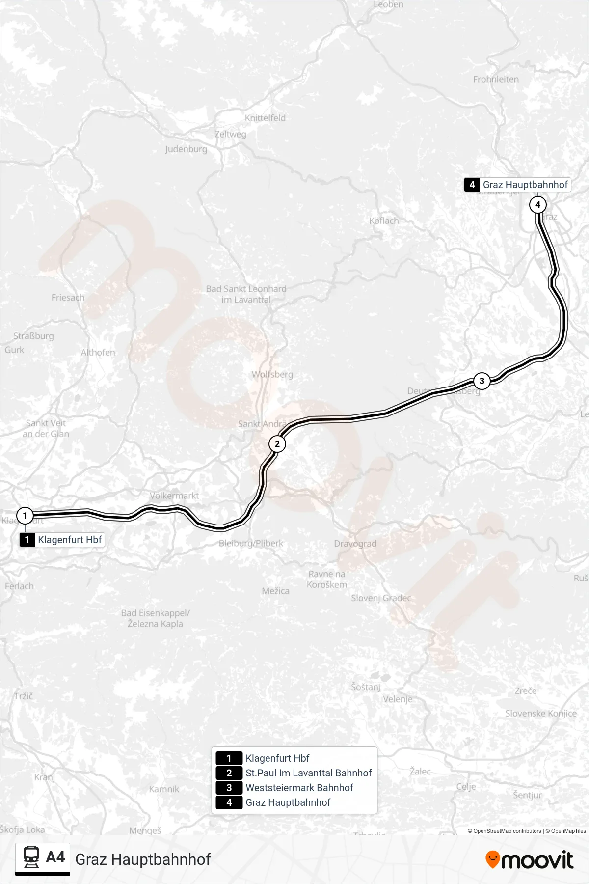 A4 train Line (Graz Hauptbahnhof) route and stops on a map