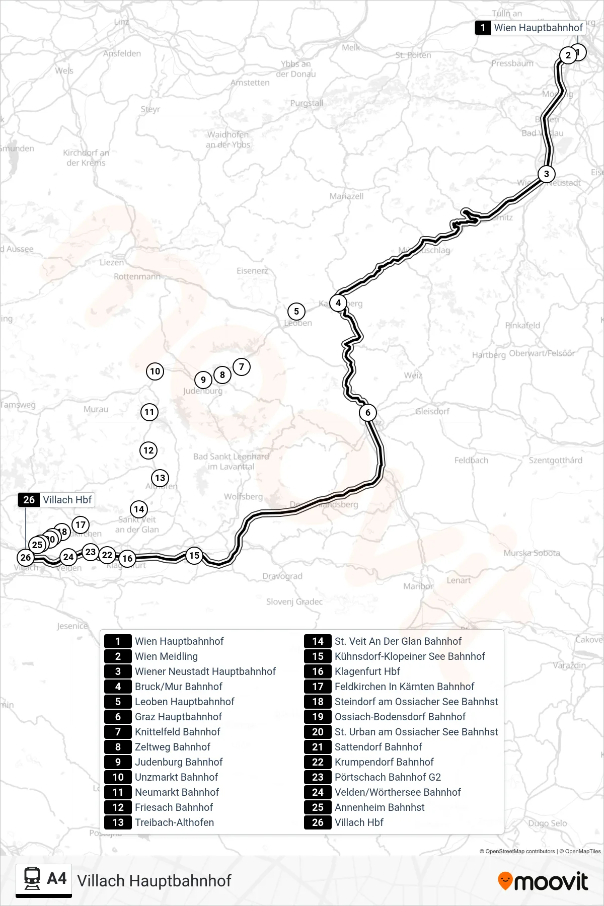 A4 train Line (Villach Hauptbahnhof) route and stops on a map