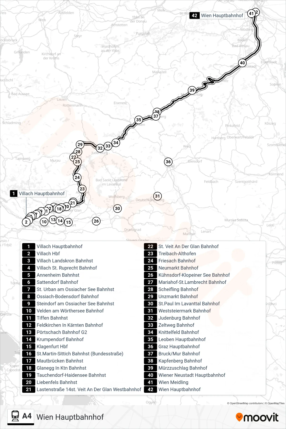 A4 rail Line (Wien Hauptbahnhof) route and stops on a map