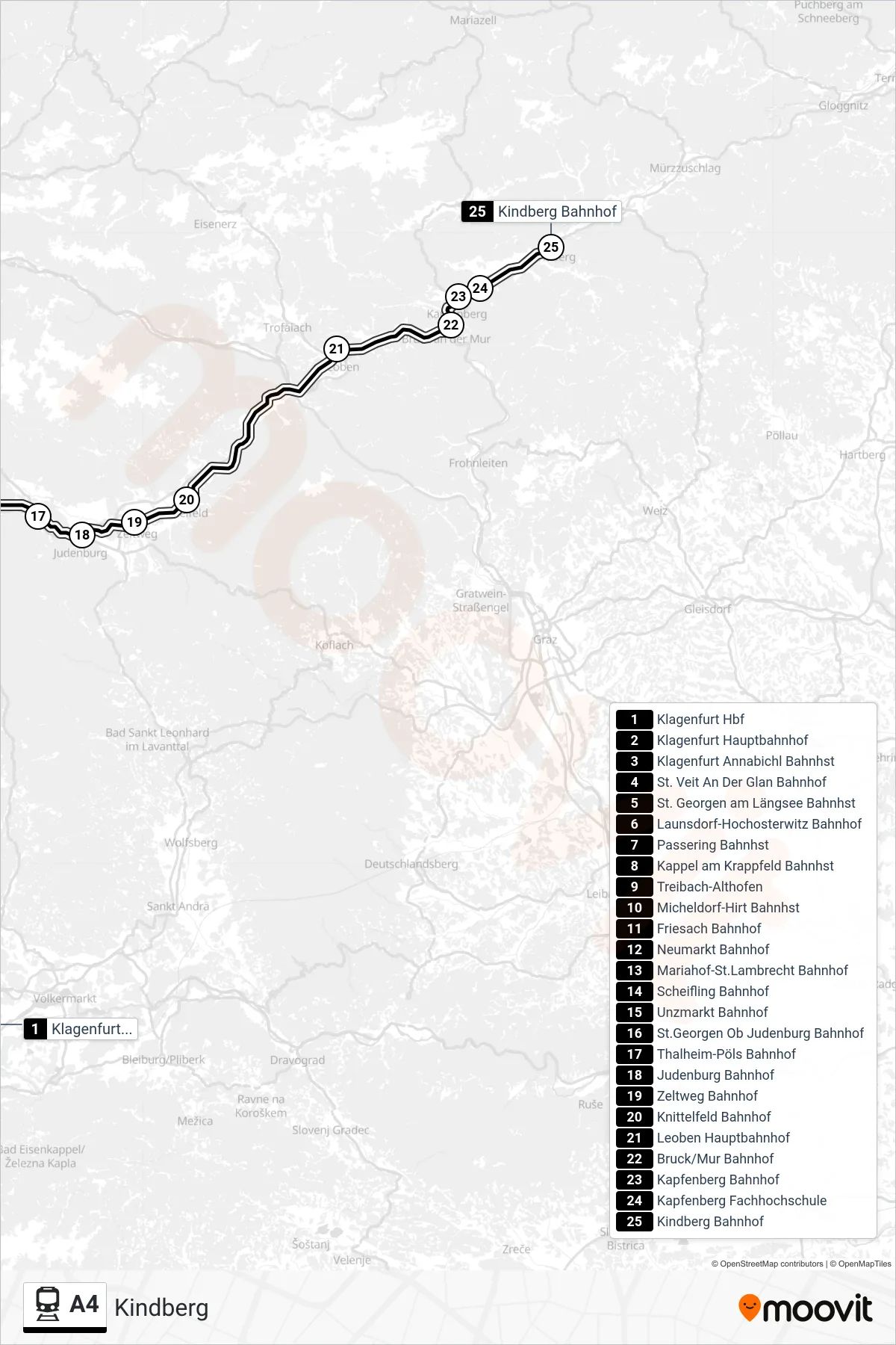 Linie A4 (Bahn) Richtung Kindberg: Route und Haltestellen auf der Karte