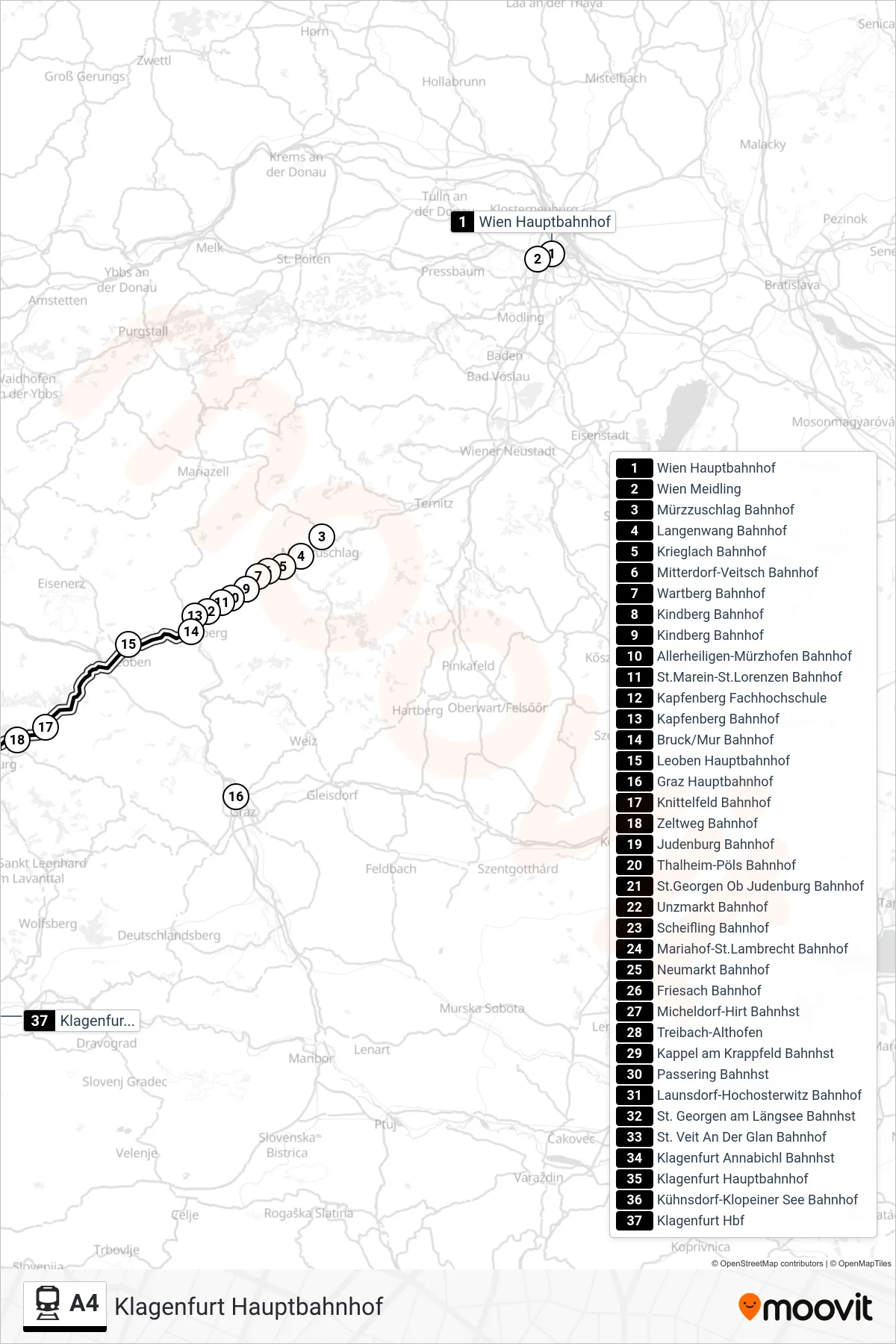 A4 rail Line (Klagenfurt Hauptbahnhof) route and stops on a map