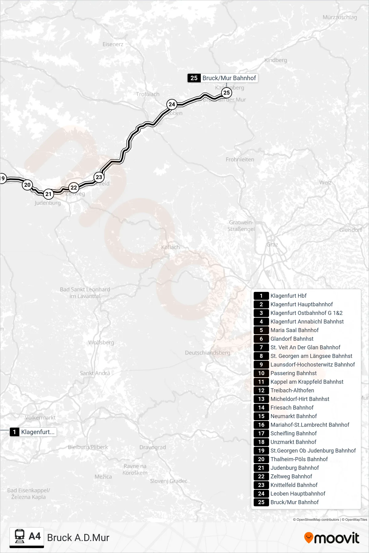 A4 train Line (Bruck A.D.Mur) route and stops on a map