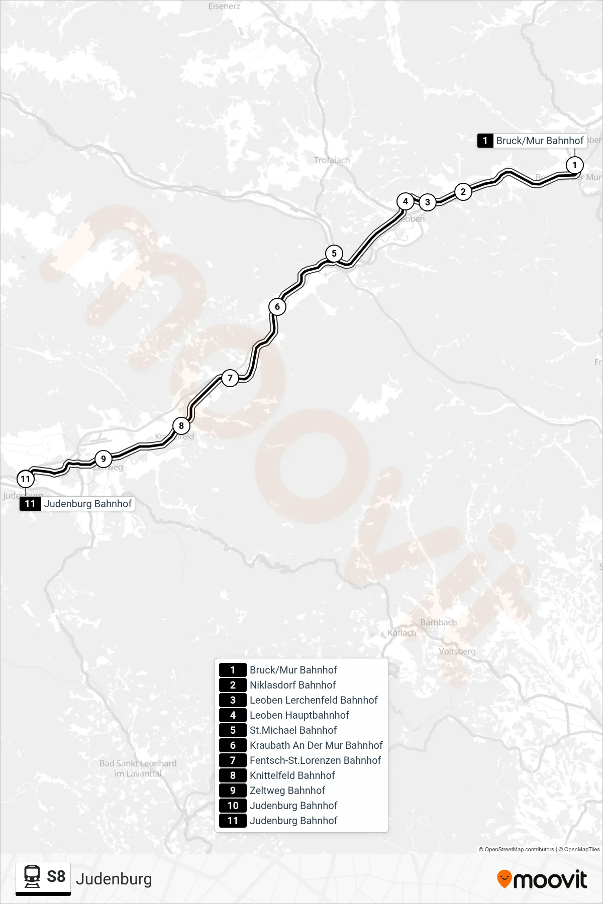 S8 train Line (Judenburg) route and stops on a map