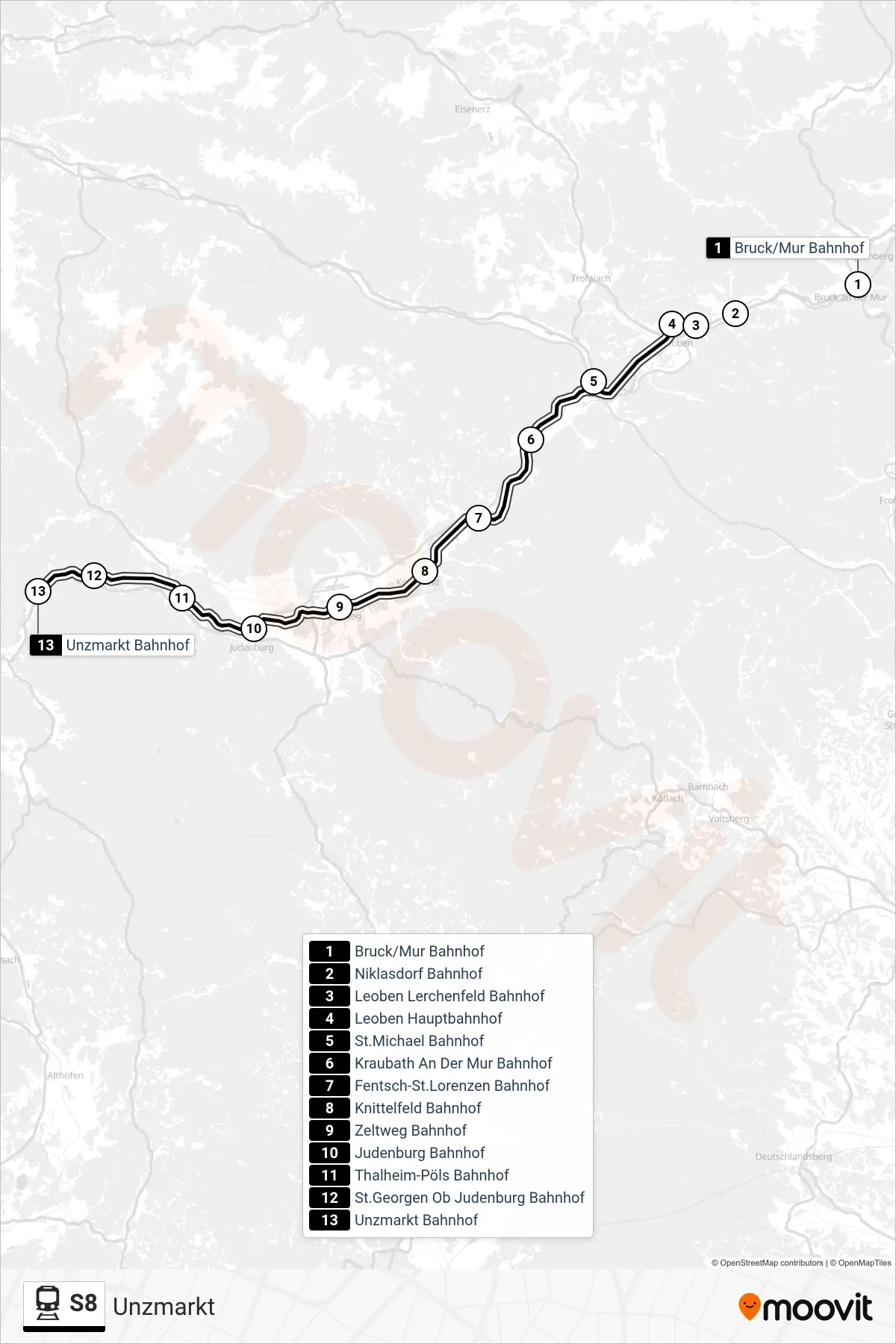 S8 train Line (Unzmarkt) route and stops on a map