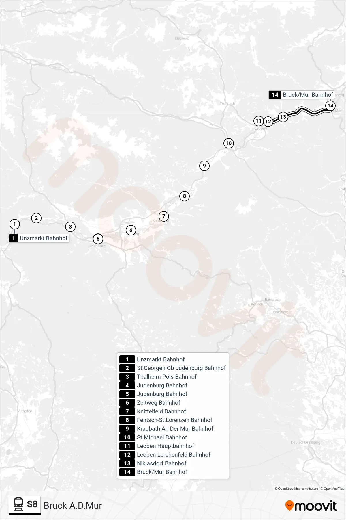 S8 train Line (Bruck A.D.Mur) route and stops on a map