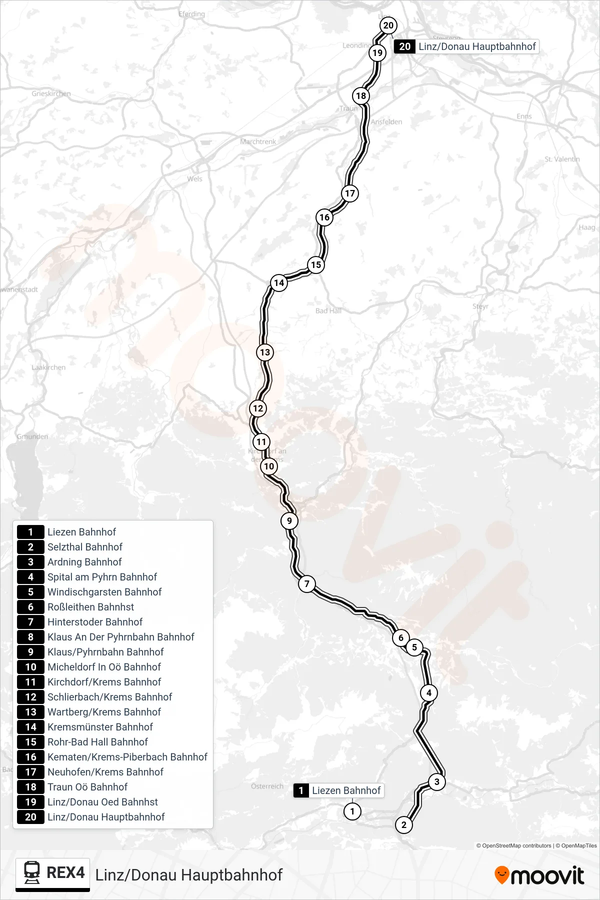 REX4 train Line (Linz/Donau Hauptbahnhof) route and stops on a map