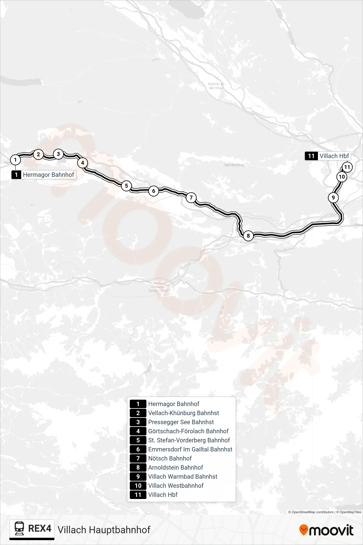 Linie REX4 (Bahn) Richtung Villach Hauptbahnhof: Route und Haltestellen auf der Karte