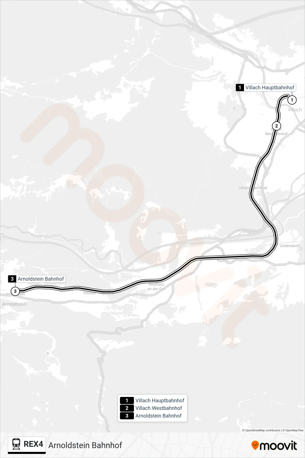 Linie REX4 (Bahn) Richtung Arnoldstein Bahnhof: Route und Haltestellen auf der Karte