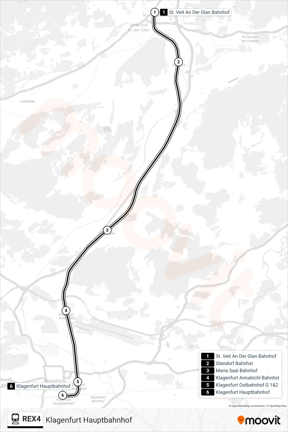 REX4 train Line (Klagenfurt Hauptbahnhof) route and stops on a map