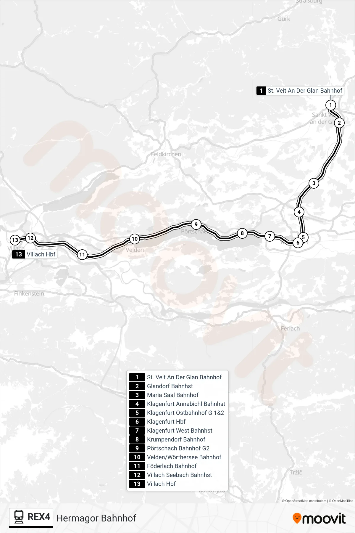 REX4 train Line (Hermagor Bahnhof) route and stops on a map