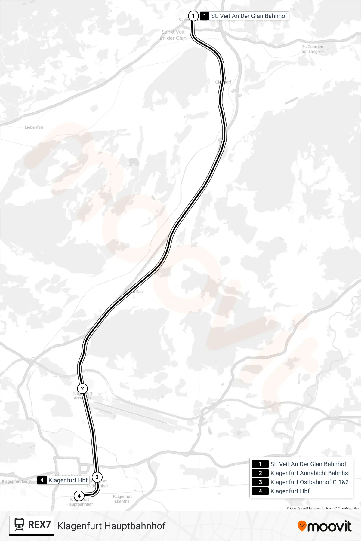Linie REX7 (Bahn) Richtung Klagenfurt Hauptbahnhof: Route und Haltestellen auf der Karte