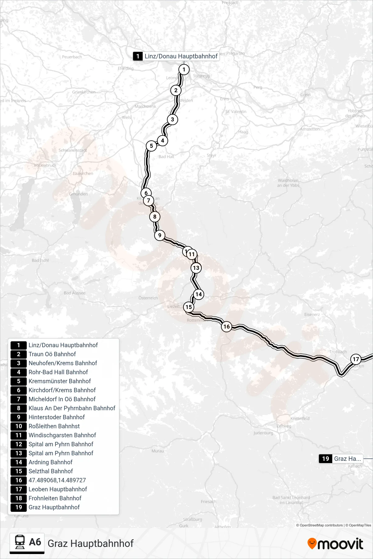 A6 train Line (Graz Hauptbahnhof) route and stops on a map