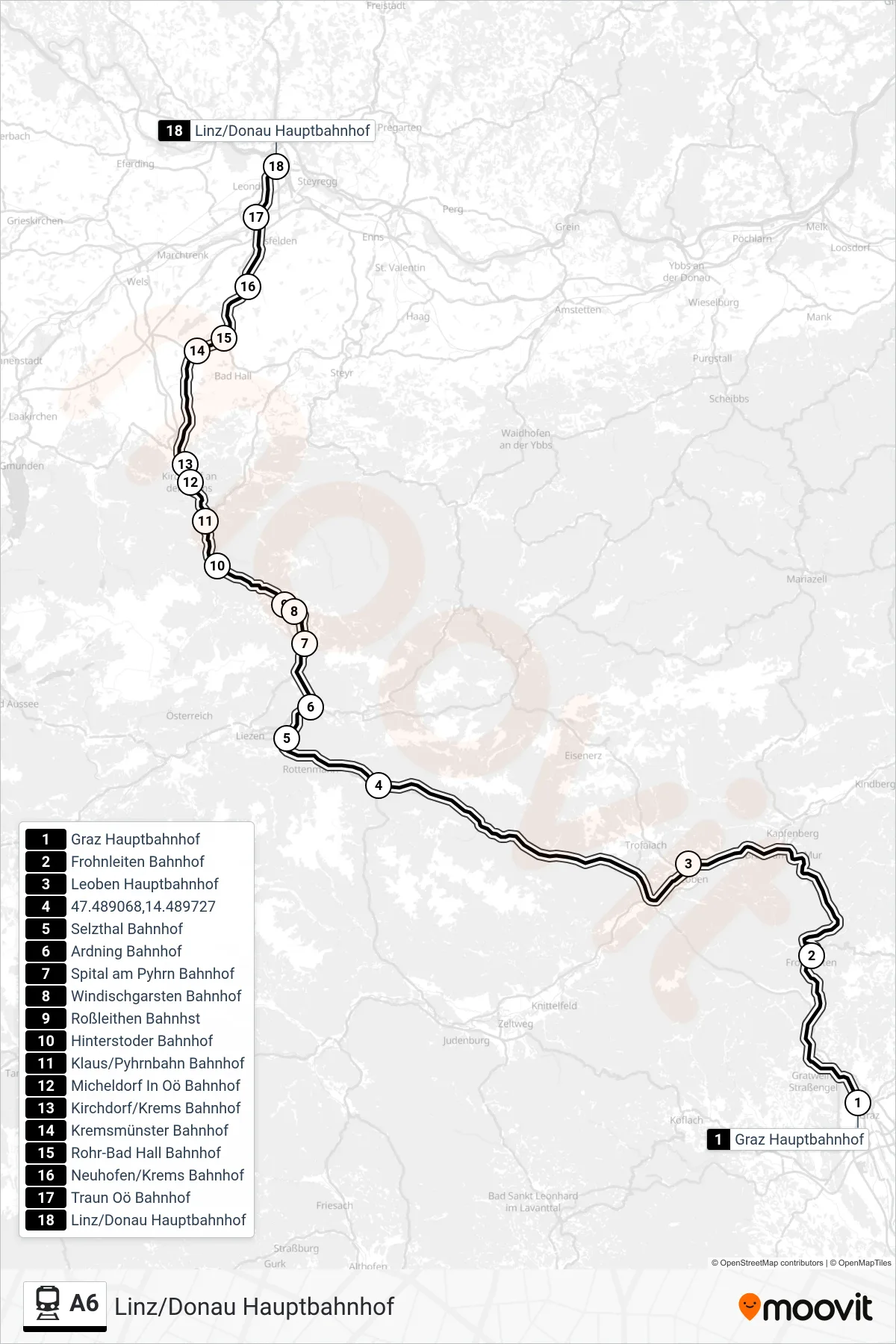A6 train Line (Linz/Donau Hauptbahnhof) route and stops on a map