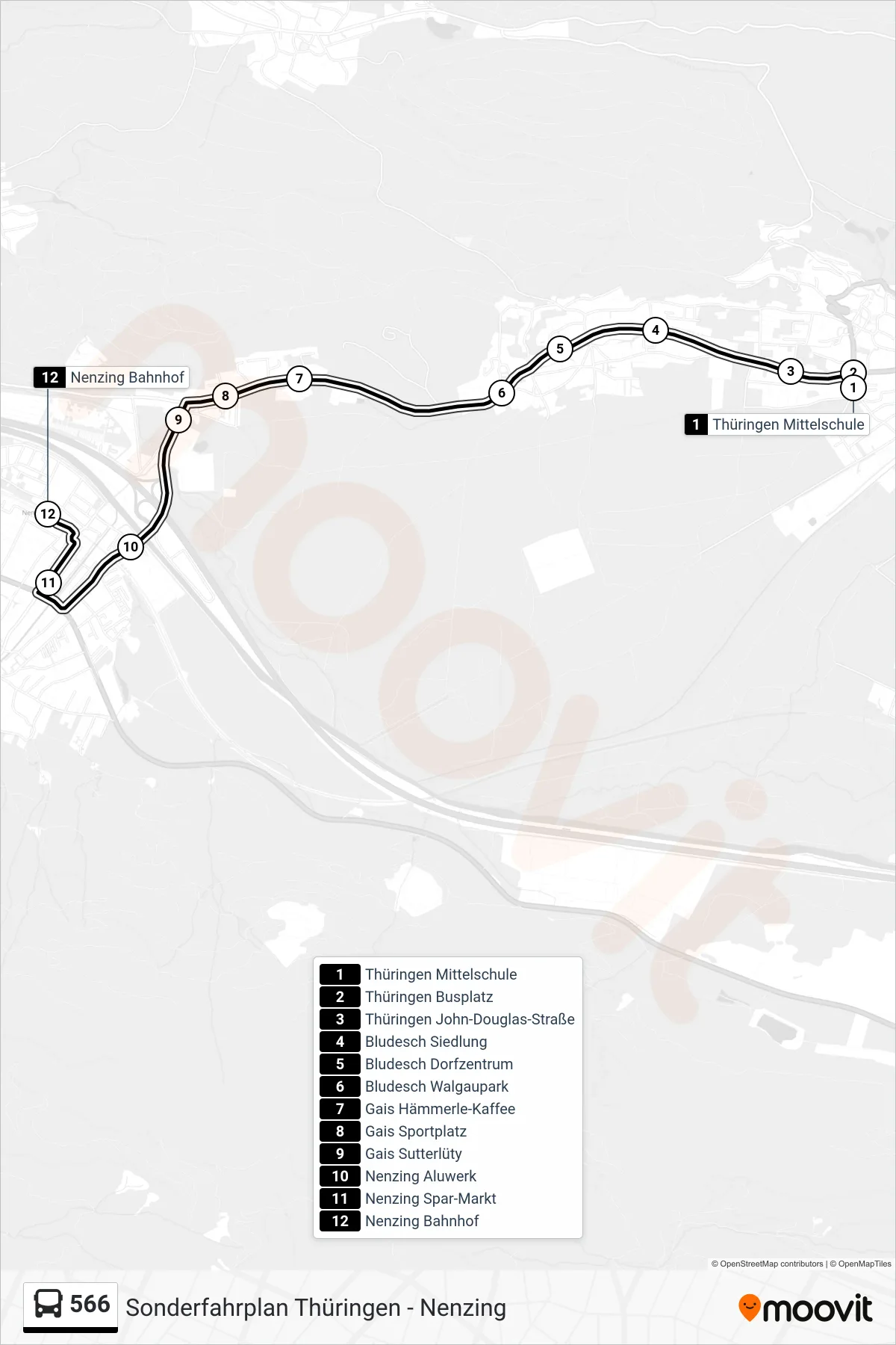 Linie 566 (Bus) Richtung Nenzing Bahnhof: Route und Haltestellen auf der Karte