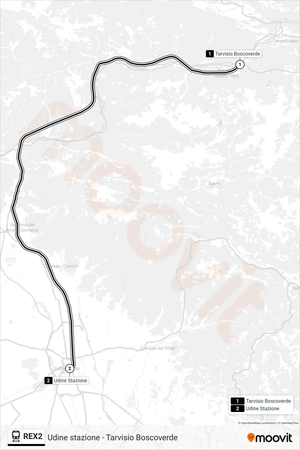 Linie REX2 (Bahn) Richtung Udine Stazione: Route und Haltestellen auf der Karte
