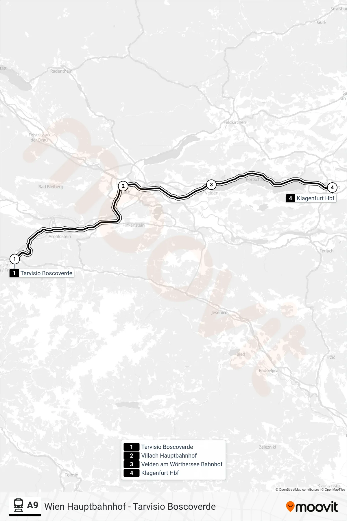 A9 train Line (Wien Hauptbahnhof) route and stops on a map