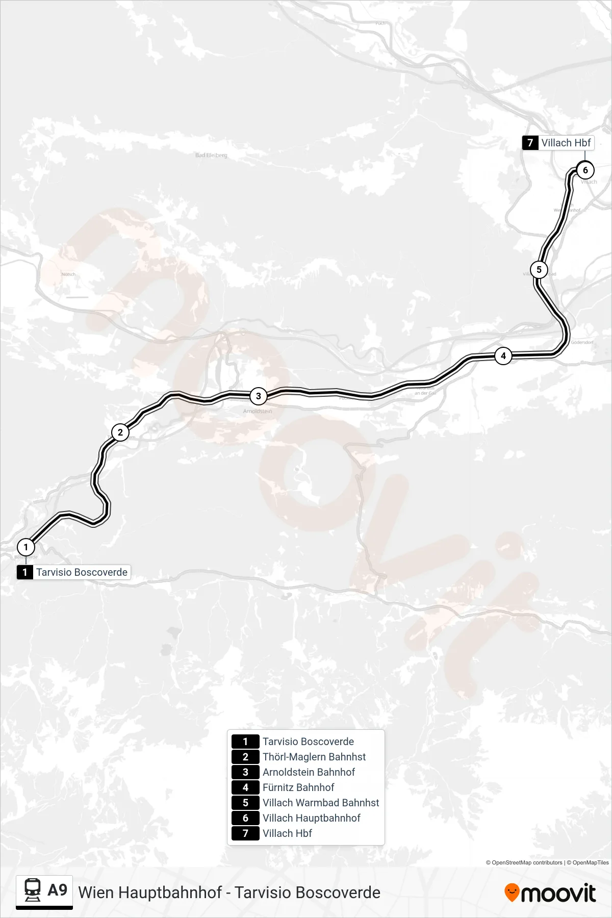 A9 train Line (Villach Hauptbahnhof) route and stops on a map