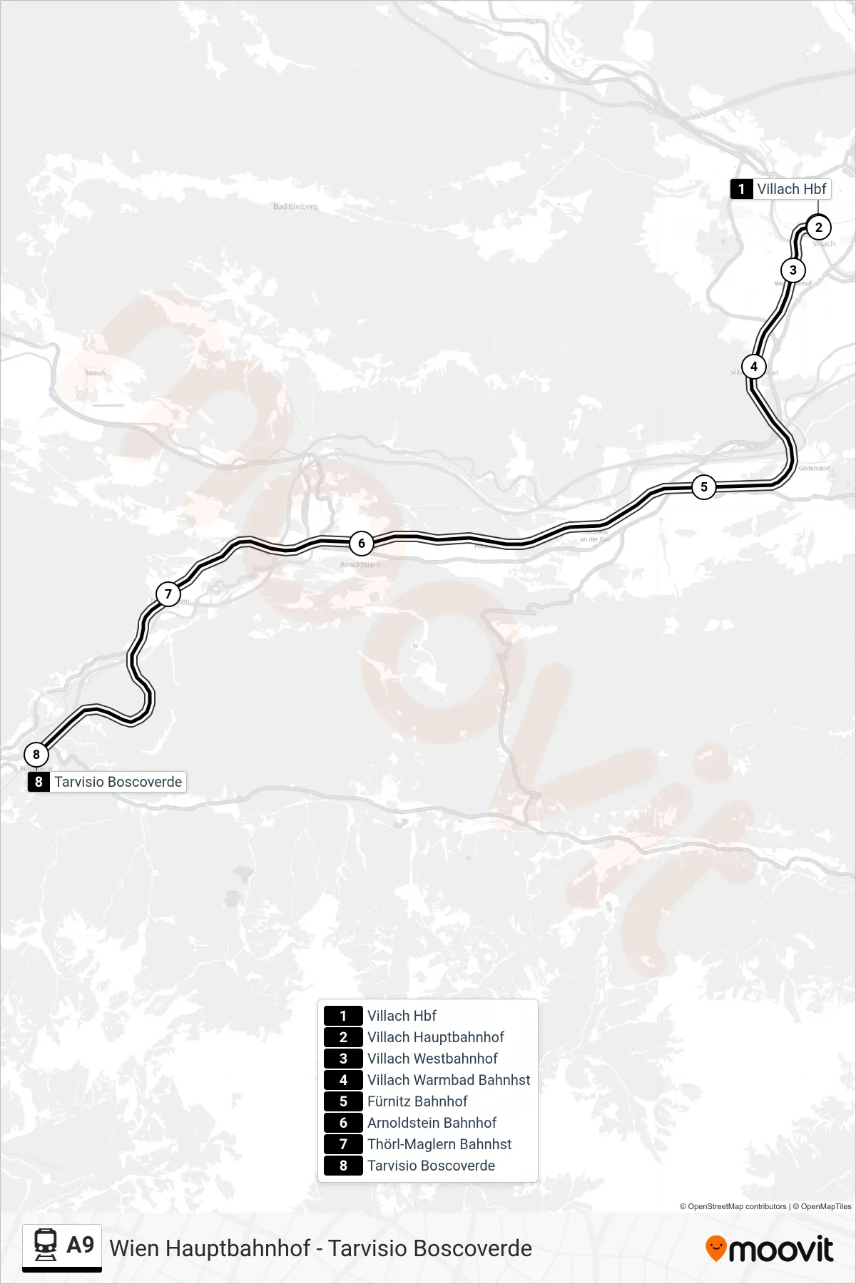 A9 train Line (Udine Stazione) route and stops on a map
