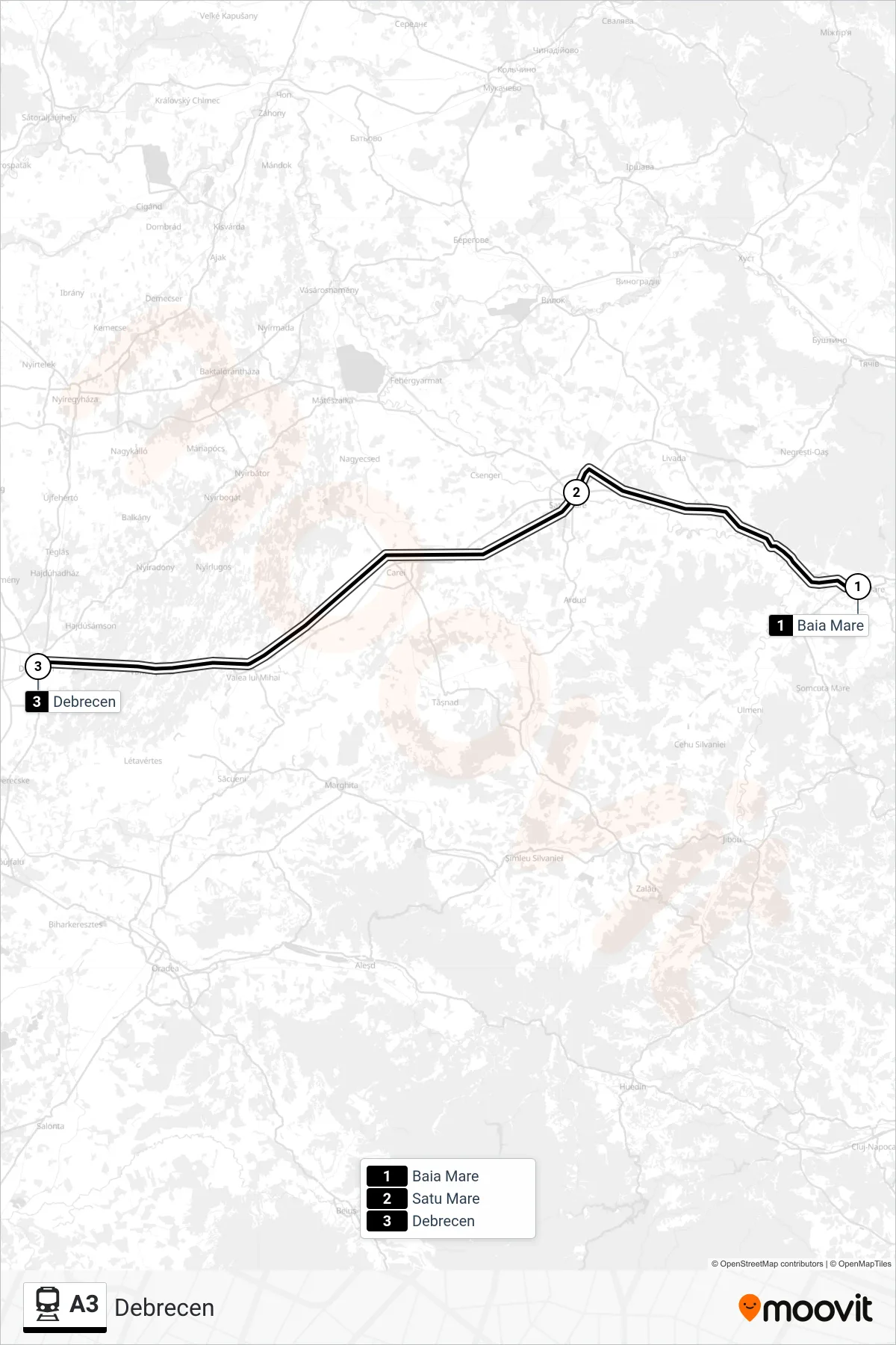 A3 rail Line (Debrecen) route and stops on a map