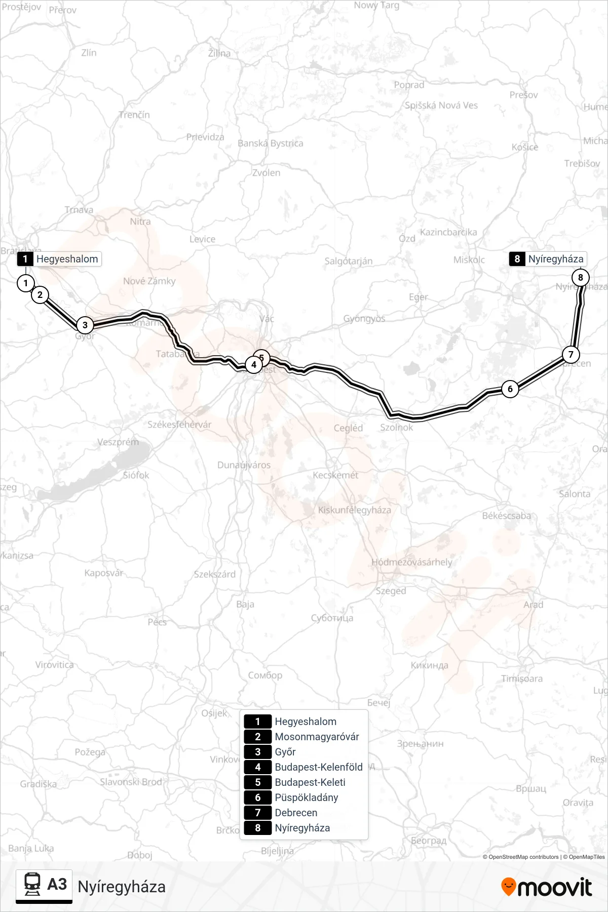 A3 train Line (Nyíregyháza) route and stops on a map