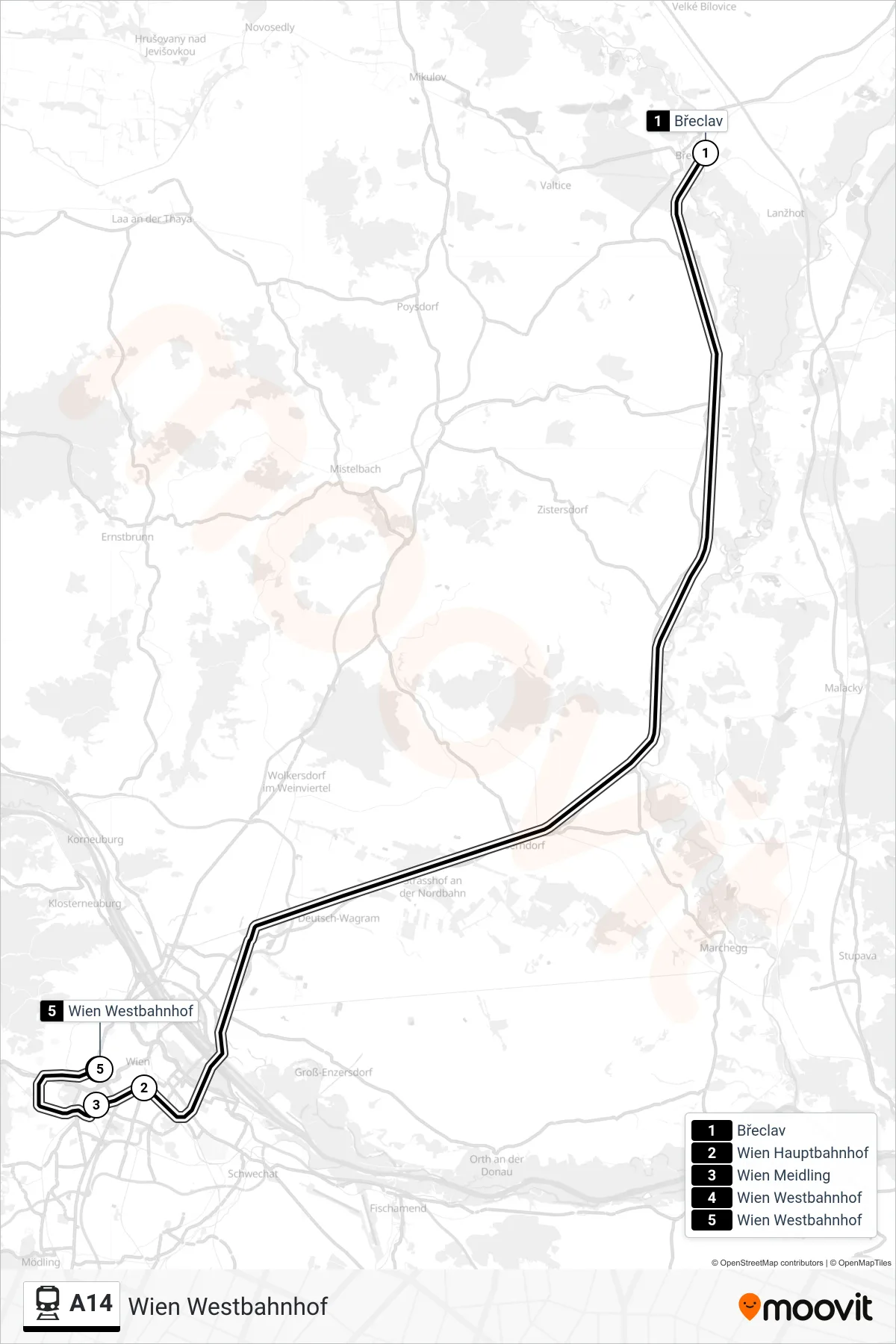A14 train Line (Wien Westbahnhof) route and stops on a map