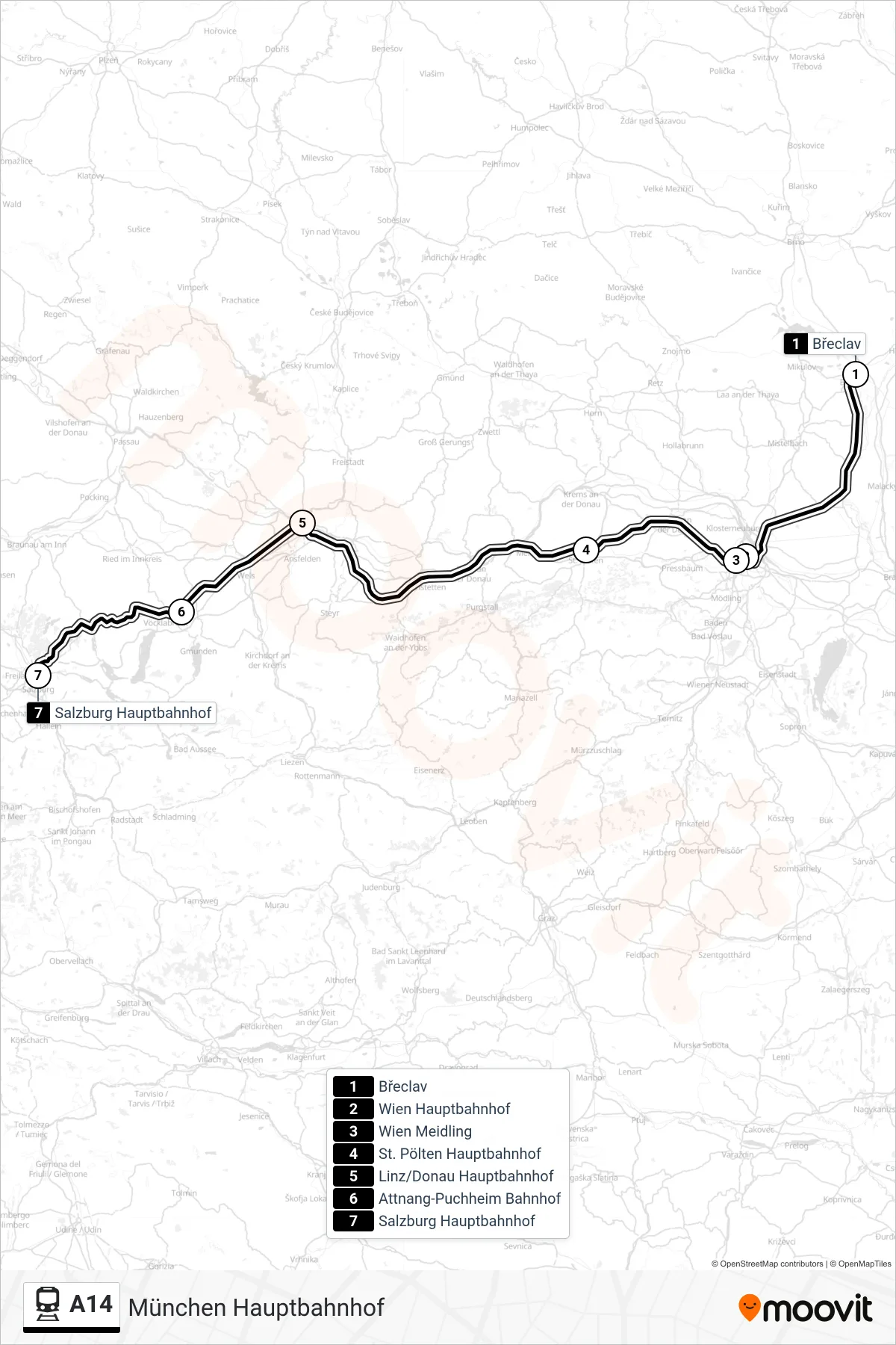 A14 train Line (München Hauptbahnhof) route and stops on a map