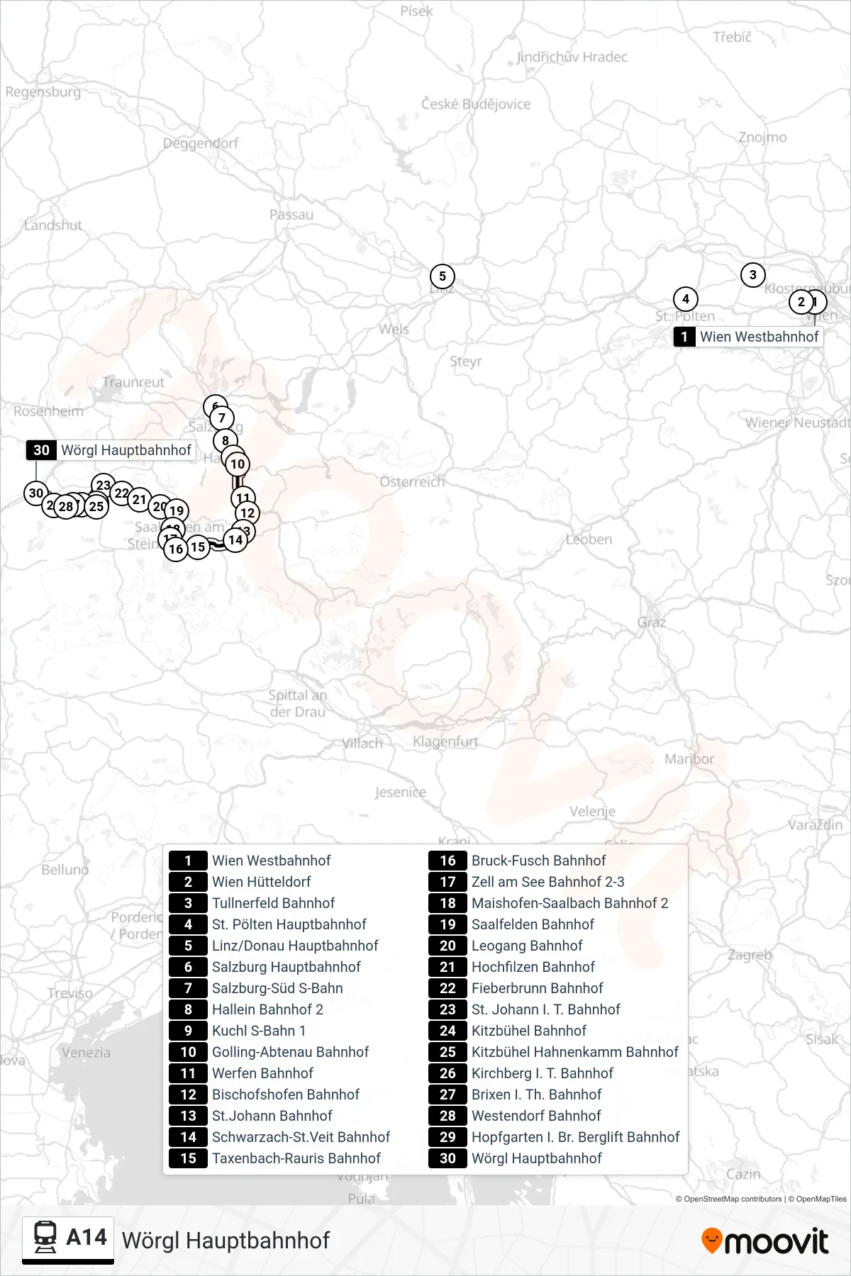 A14 train Line (Wörgl Hauptbahnhof) route and stops on a map