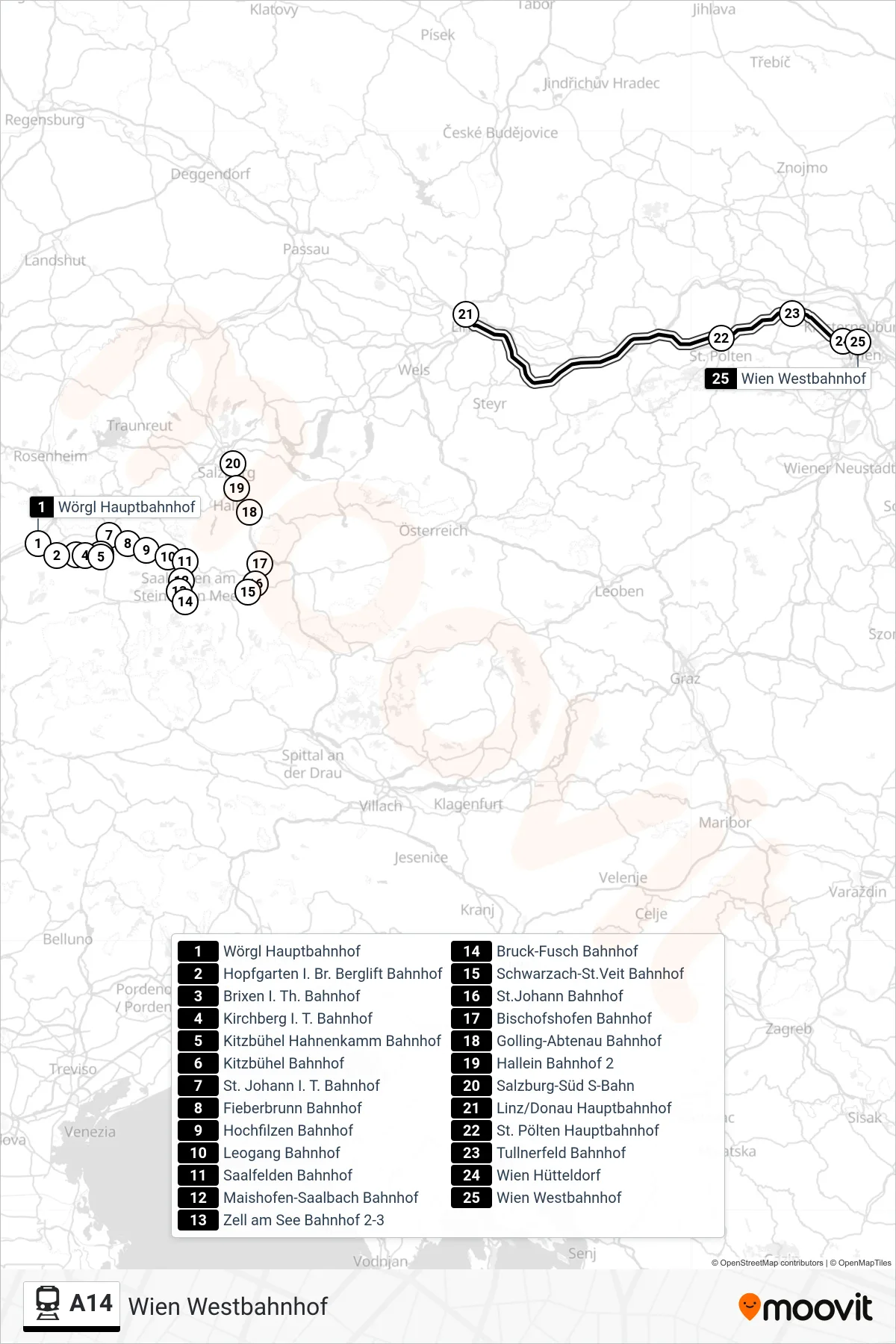 A14 rail Line (Wien Westbahnhof) route and stops on a map