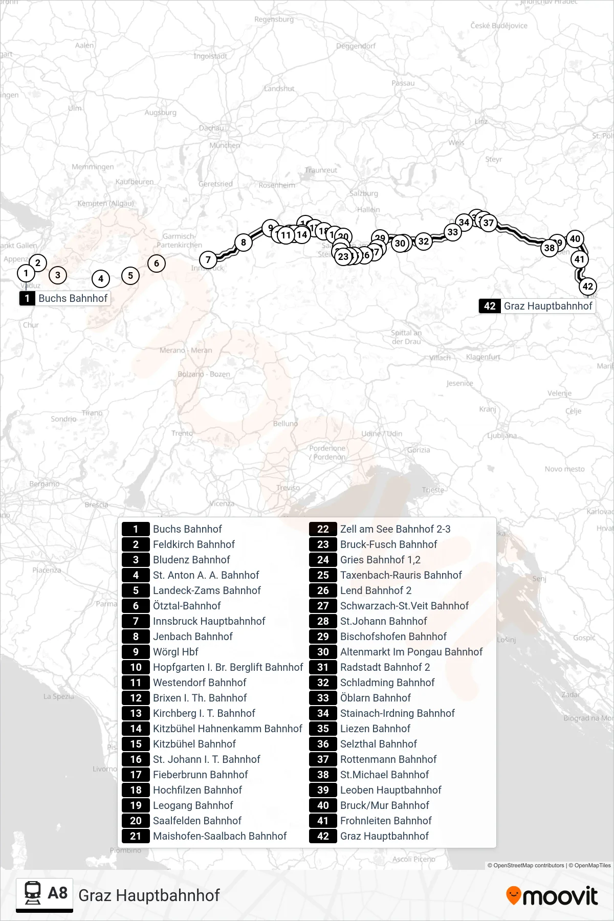 A8 train Line (Graz Hauptbahnhof) route and stops on a map
