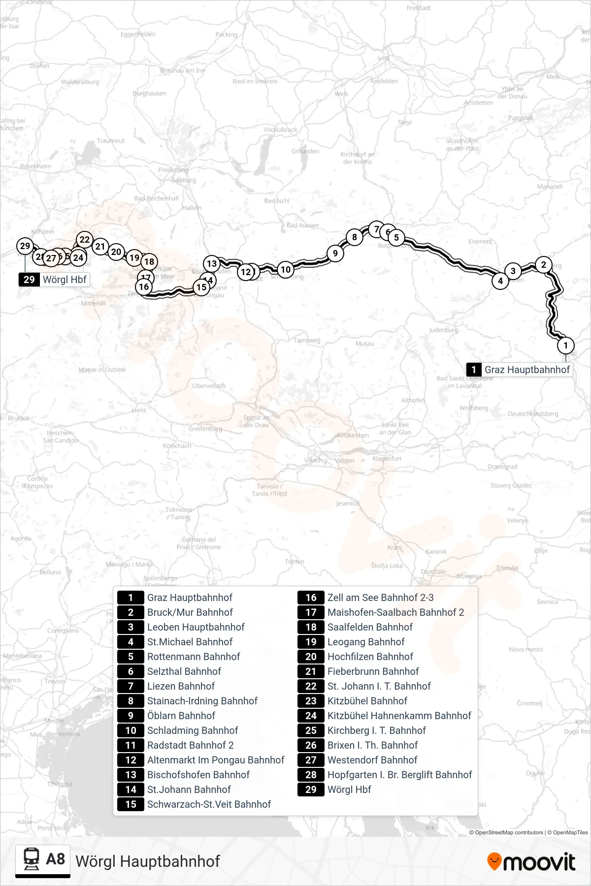 A8 train Line (Wörgl Hauptbahnhof) route and stops on a map