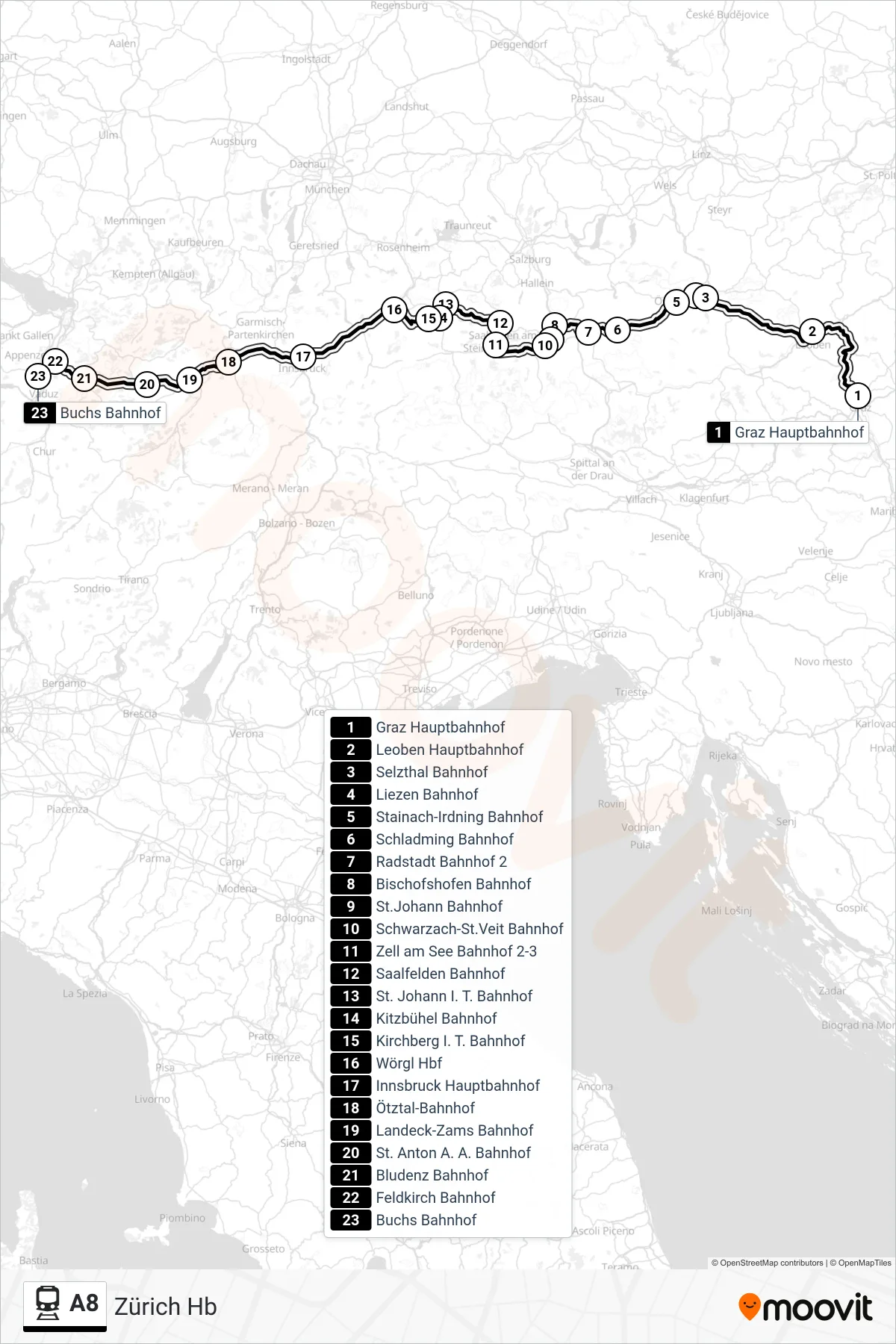 A8 train Line (Zürich Hb) route and stops on a map