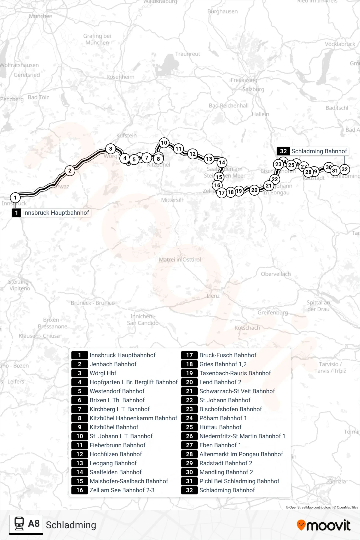 A8 train Line (Schladming) route and stops on a map