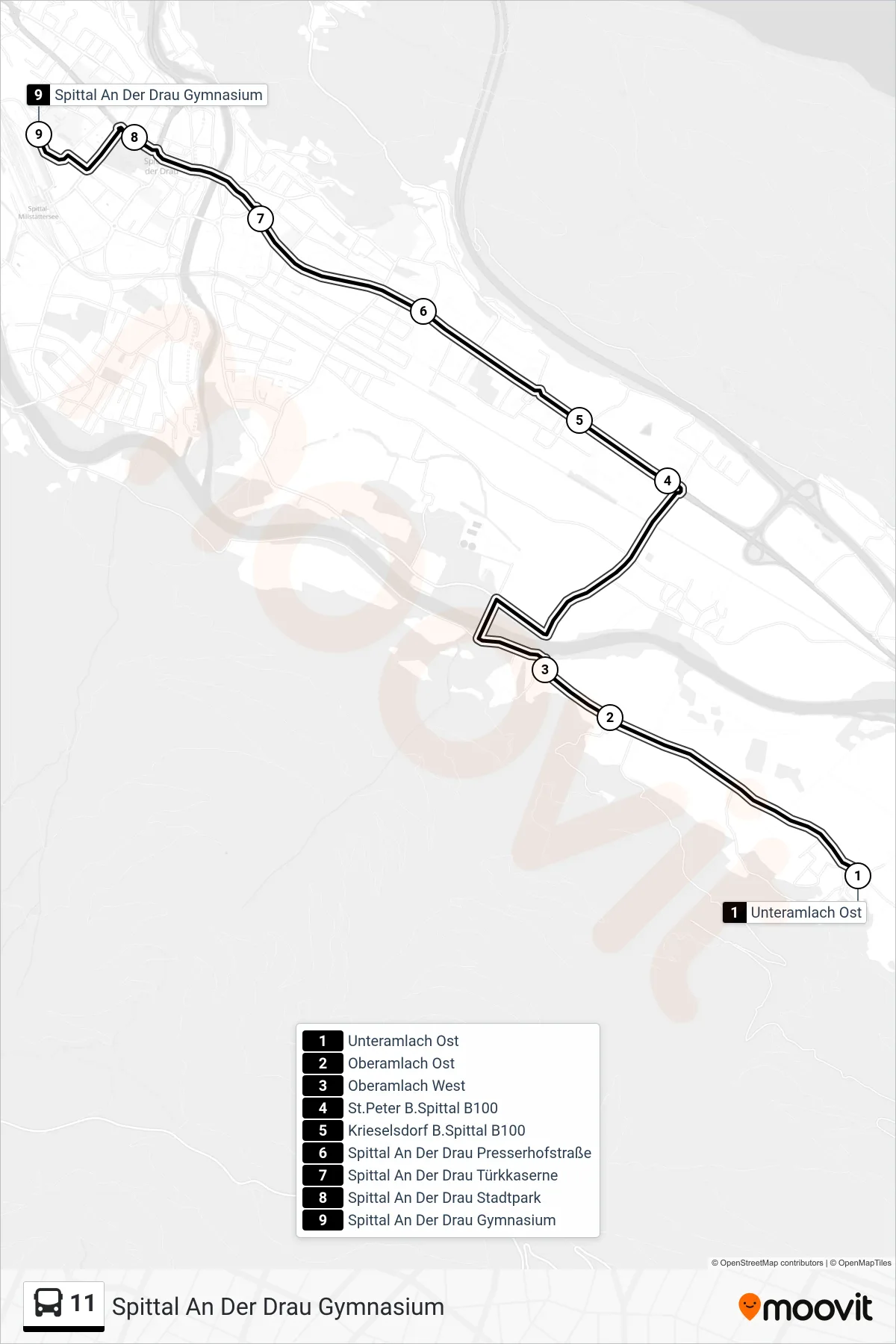 11 tram Line (Spittal An Der Drau Gymnasium) route and stops on a map