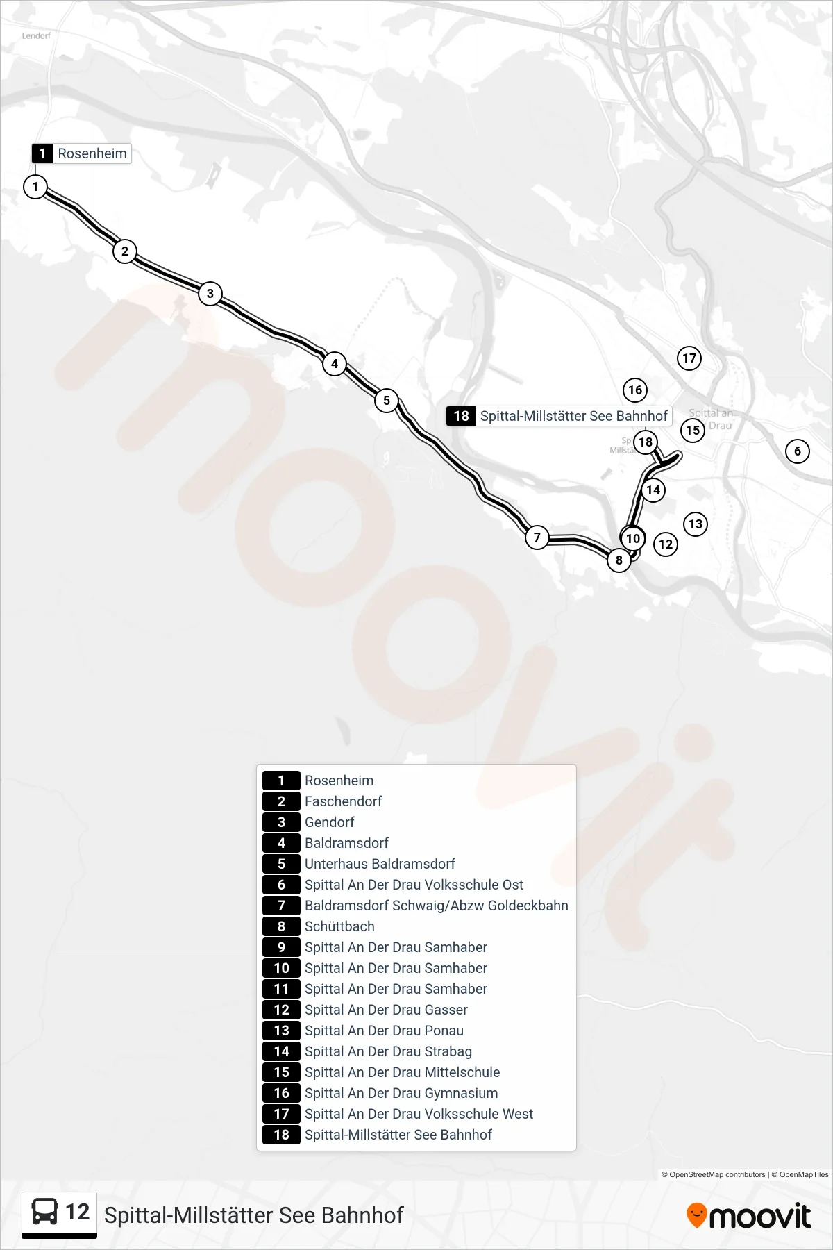 Linie 12 (Tram) Richtung Spittal-Millstätter See Bahnhof: Route und Haltestellen auf der Karte