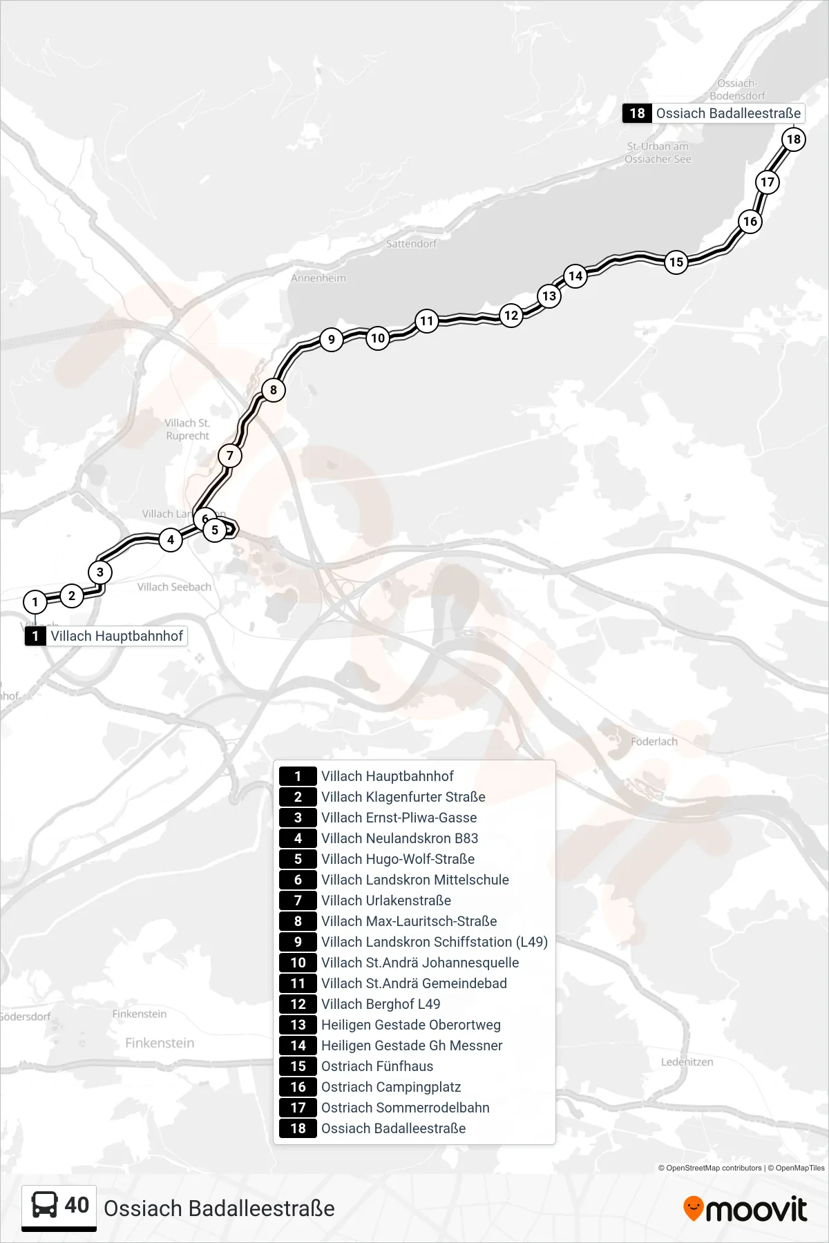 40 tram Line (Ossiach Badalleestraße) route and stops on a map