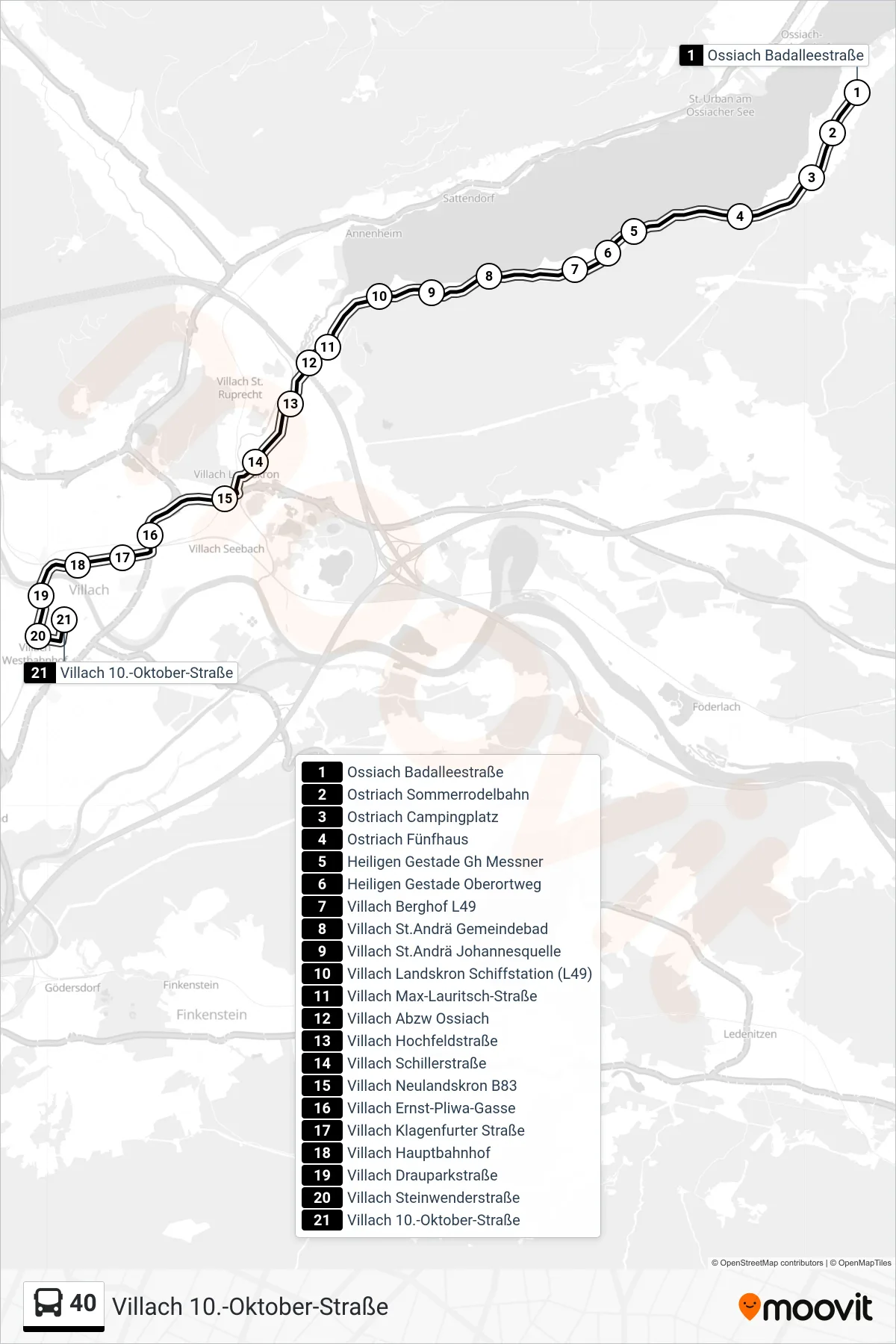 40 tram Line (Villach 10.-Oktober-Straße) route and stops on a map