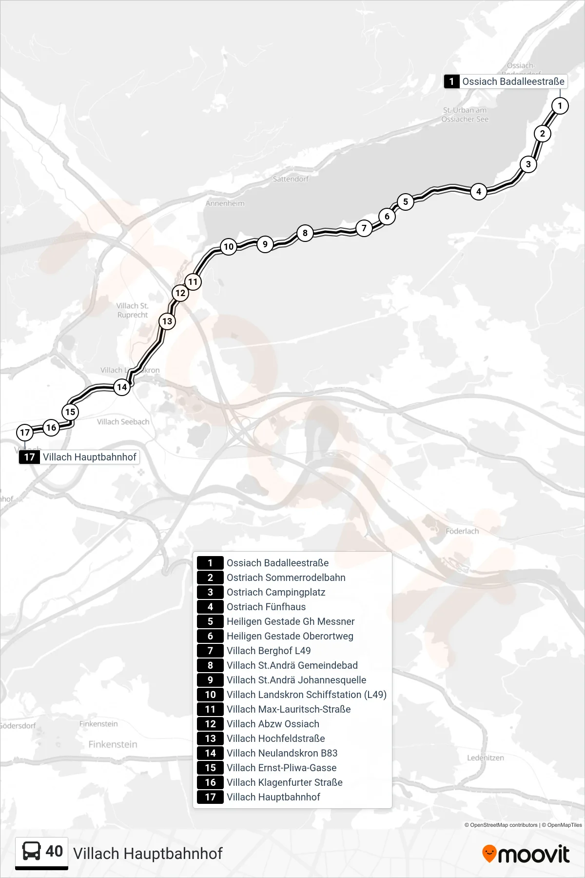 Linie 40 (Tram) Richtung Villach Hauptbahnhof: Route und Haltestellen auf der Karte