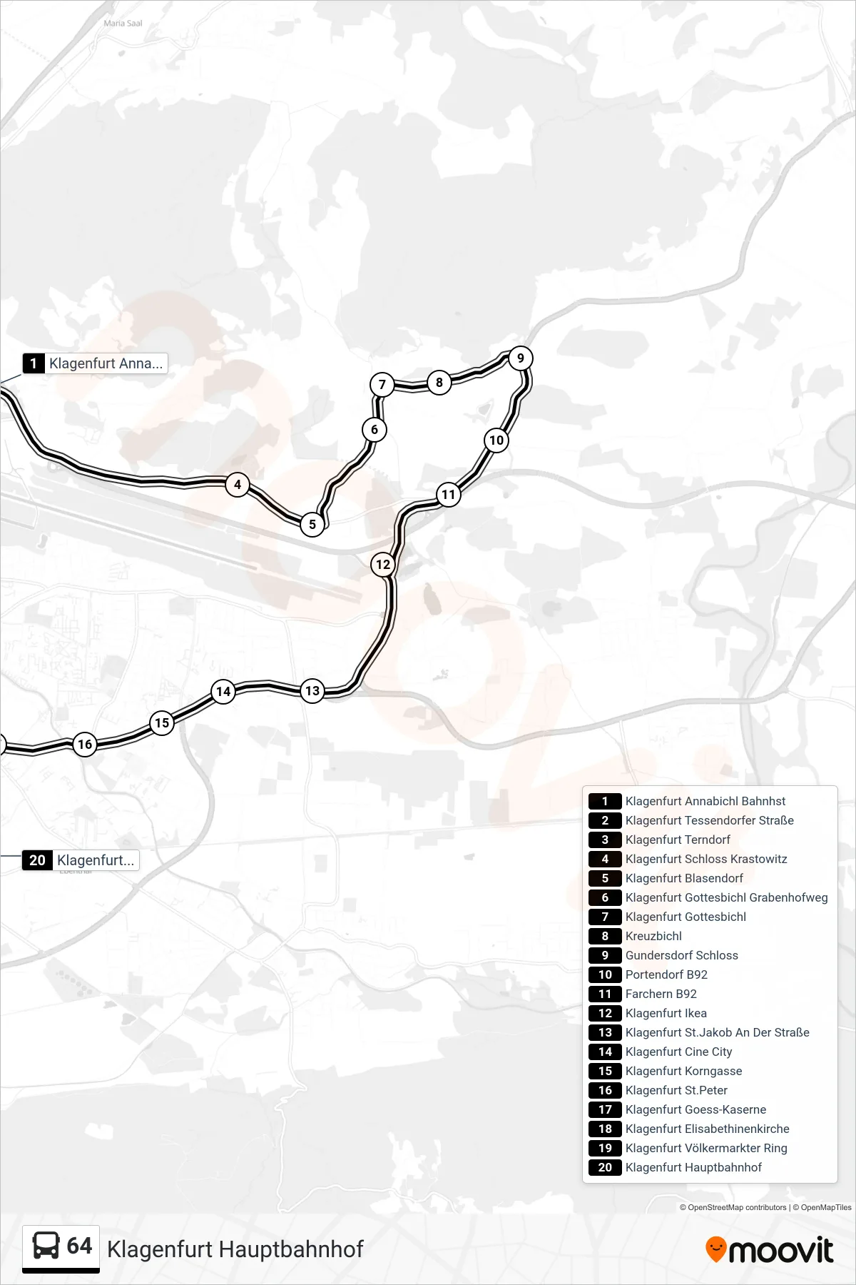 64 tram Line (Klagenfurt Hauptbahnhof) route and stops on a map