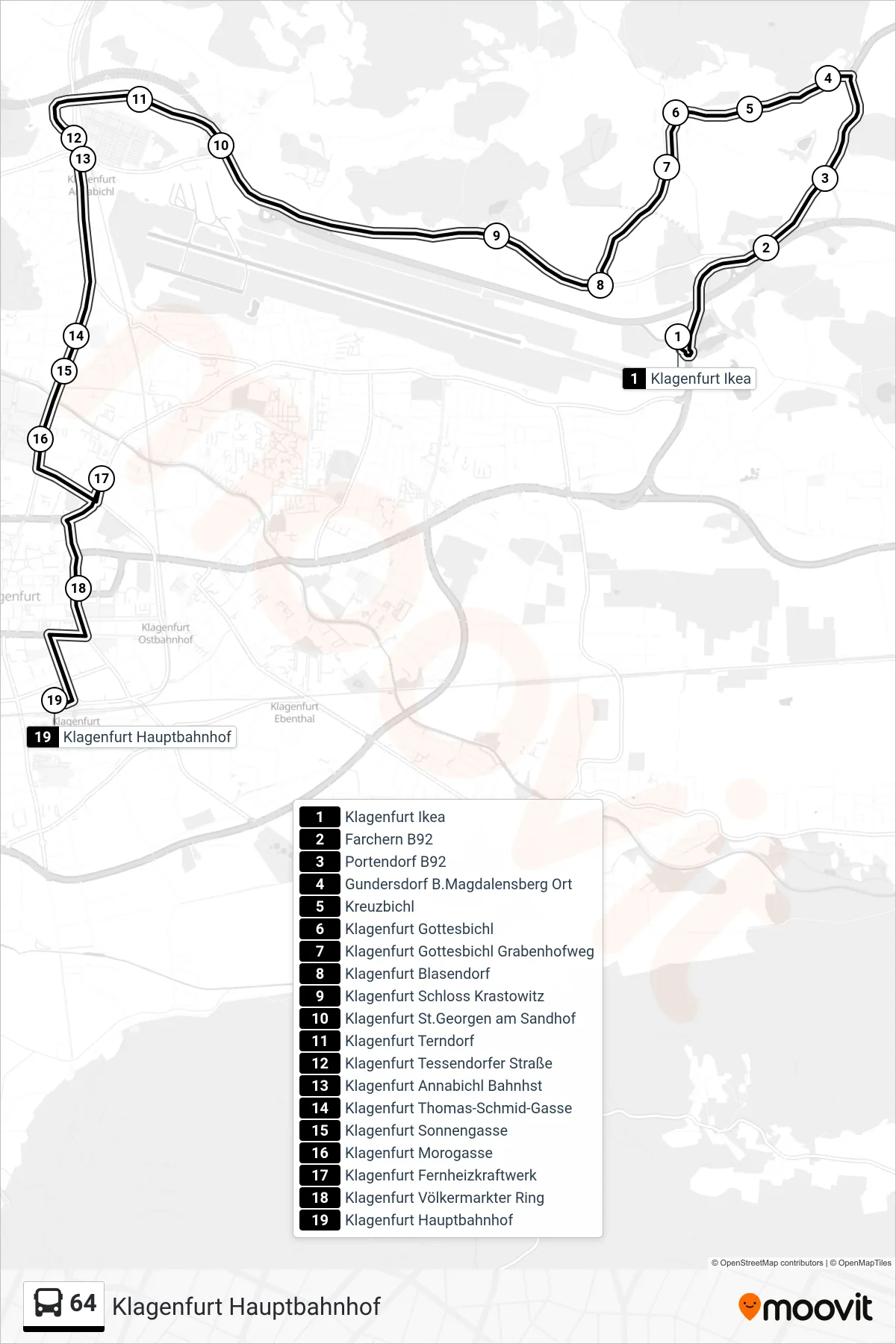 Linie 64 (Tram) Richtung Klagenfurt Hauptbahnhof: Route und Haltestellen auf der Karte