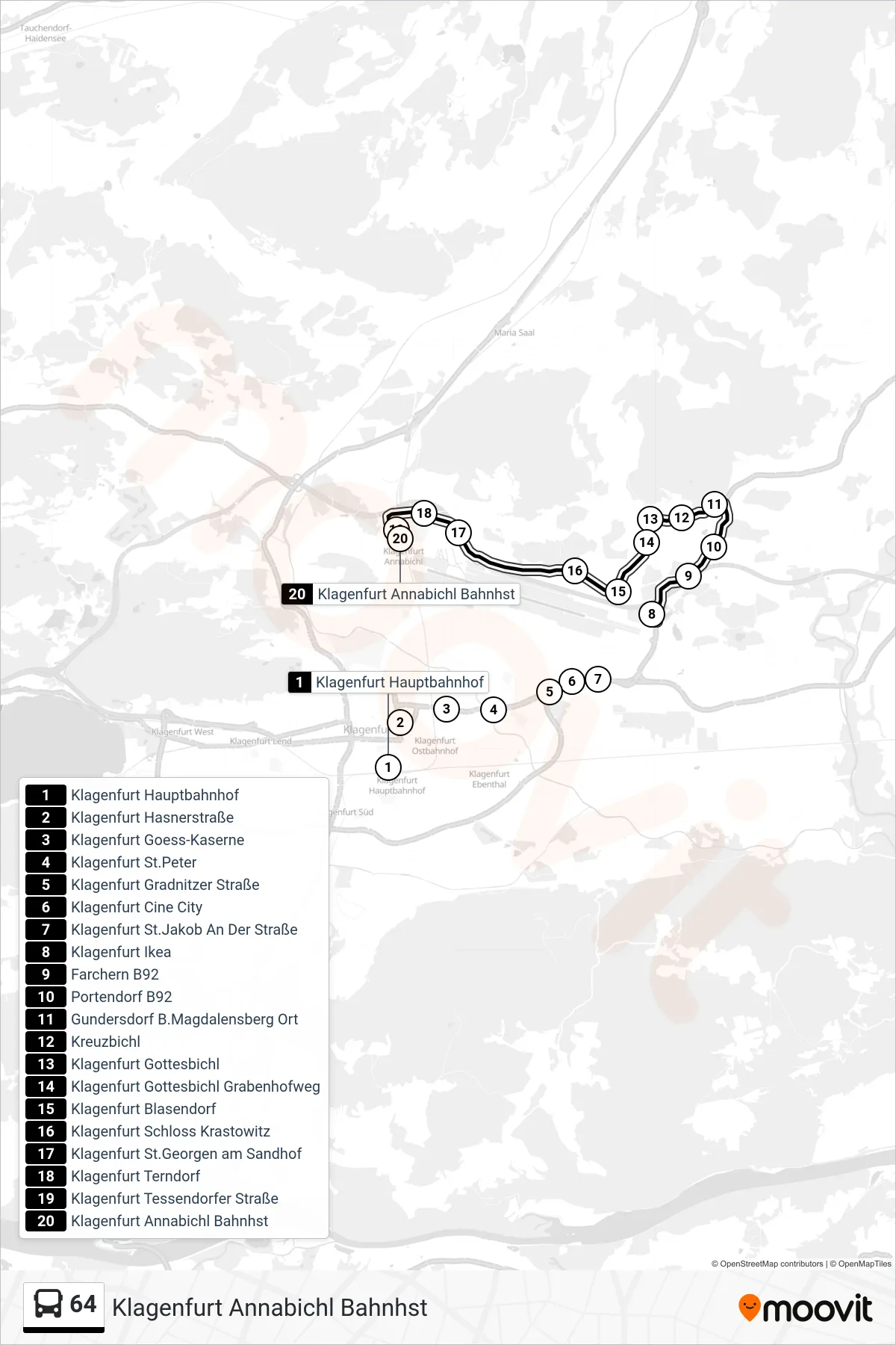 64 tram Line (Klagenfurt Annabichl Bahnhst) route and stops on a map
