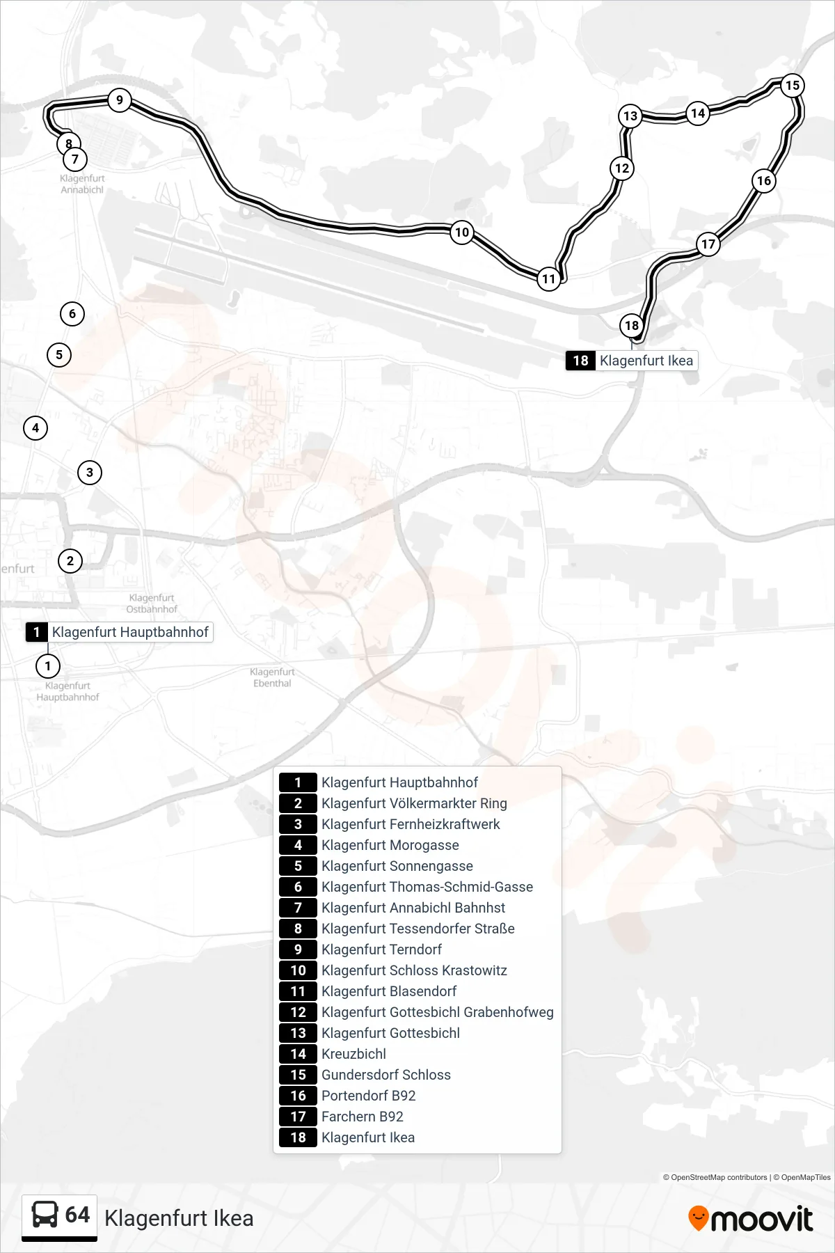 Linie 64 (Tram) Richtung Klagenfurt Ikea: Route und Haltestellen auf der Karte