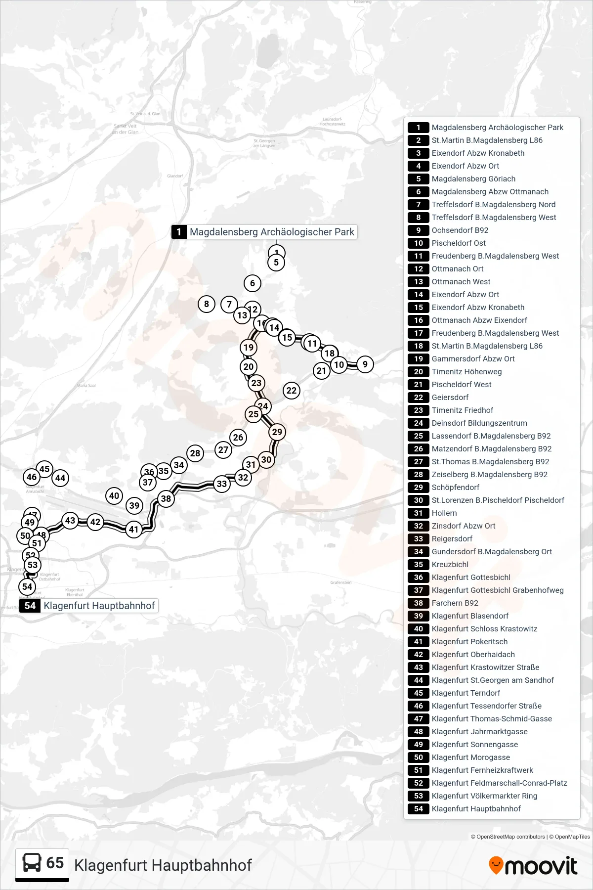 65 tram Line (Klagenfurt Hauptbahnhof) route and stops on a map